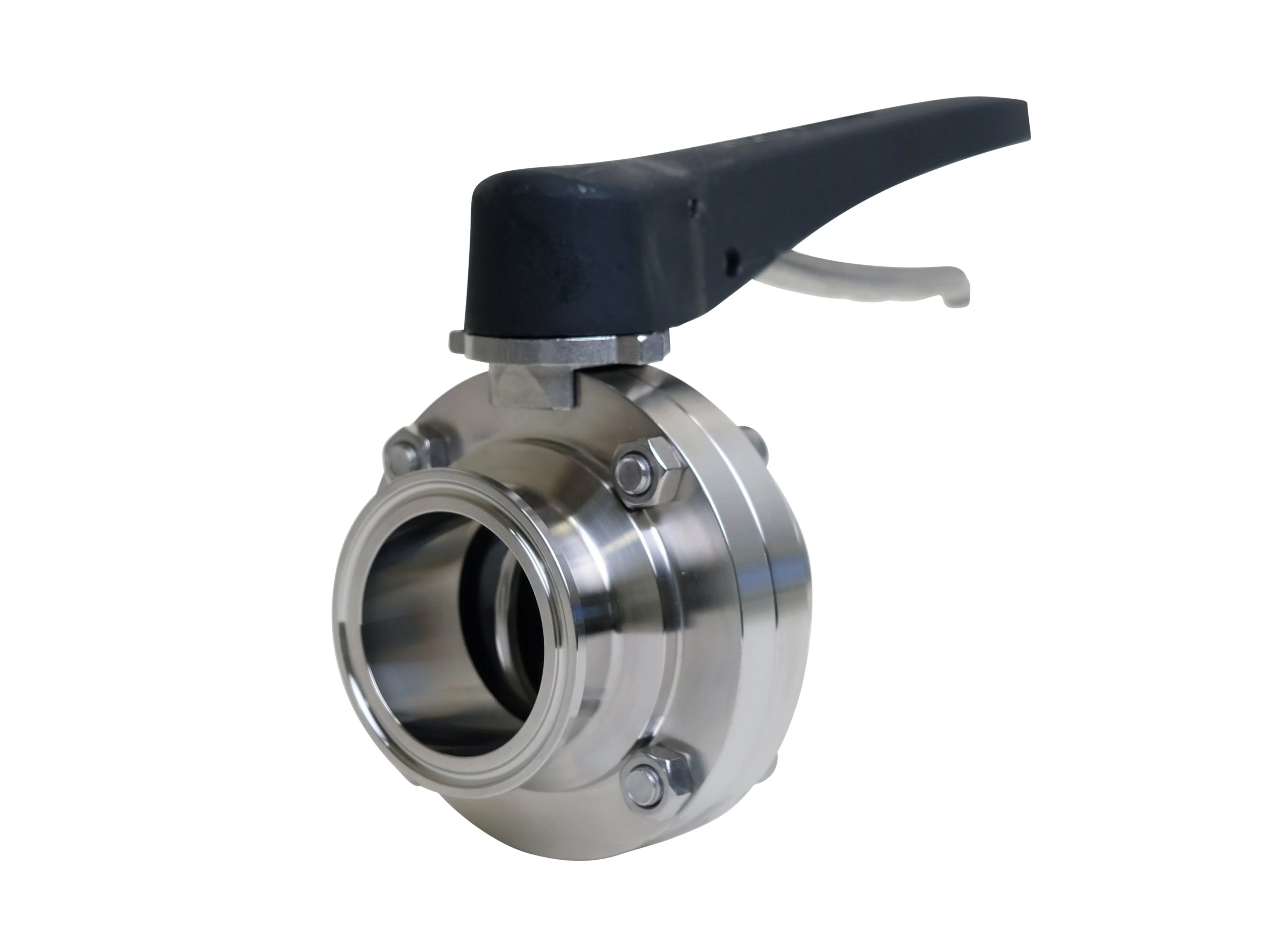 1.5" Clamp Butterfly Valve Black Plastic Trigger Handle - Silicone (BFVTC-TP)  - T304 Stainless Steel - Wayland Industries - W4BFVTC-S-15-TP