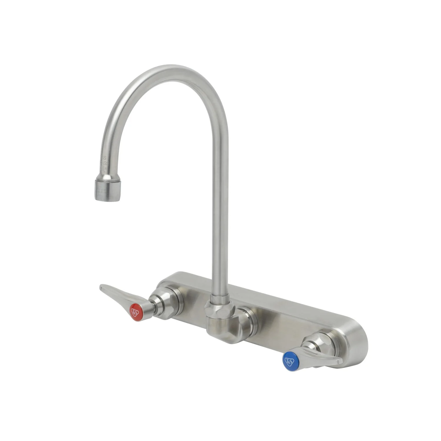 T&S Brass S-1147 8" Wall Mount Stainless Steel Workboard Faucet - 6" Gooseneck & Lever Handles