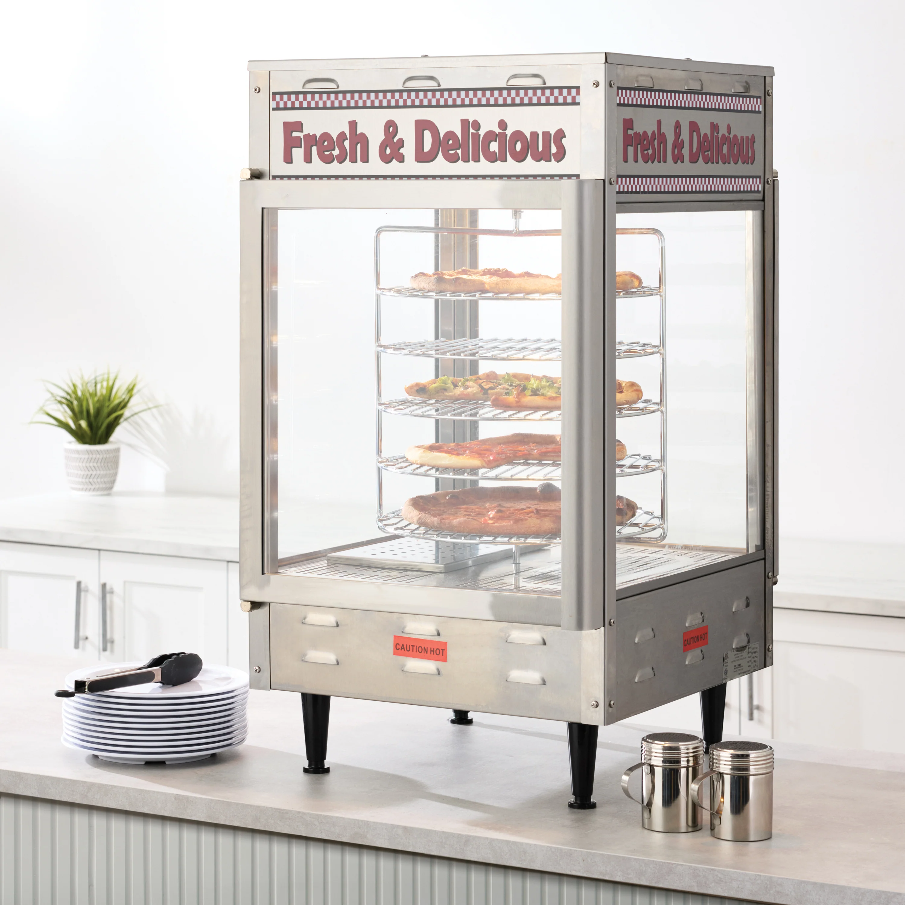 Winco 51012 19 Inch Three Tier Countertop Hot Food Display Case with Rotating Racks - Image 3