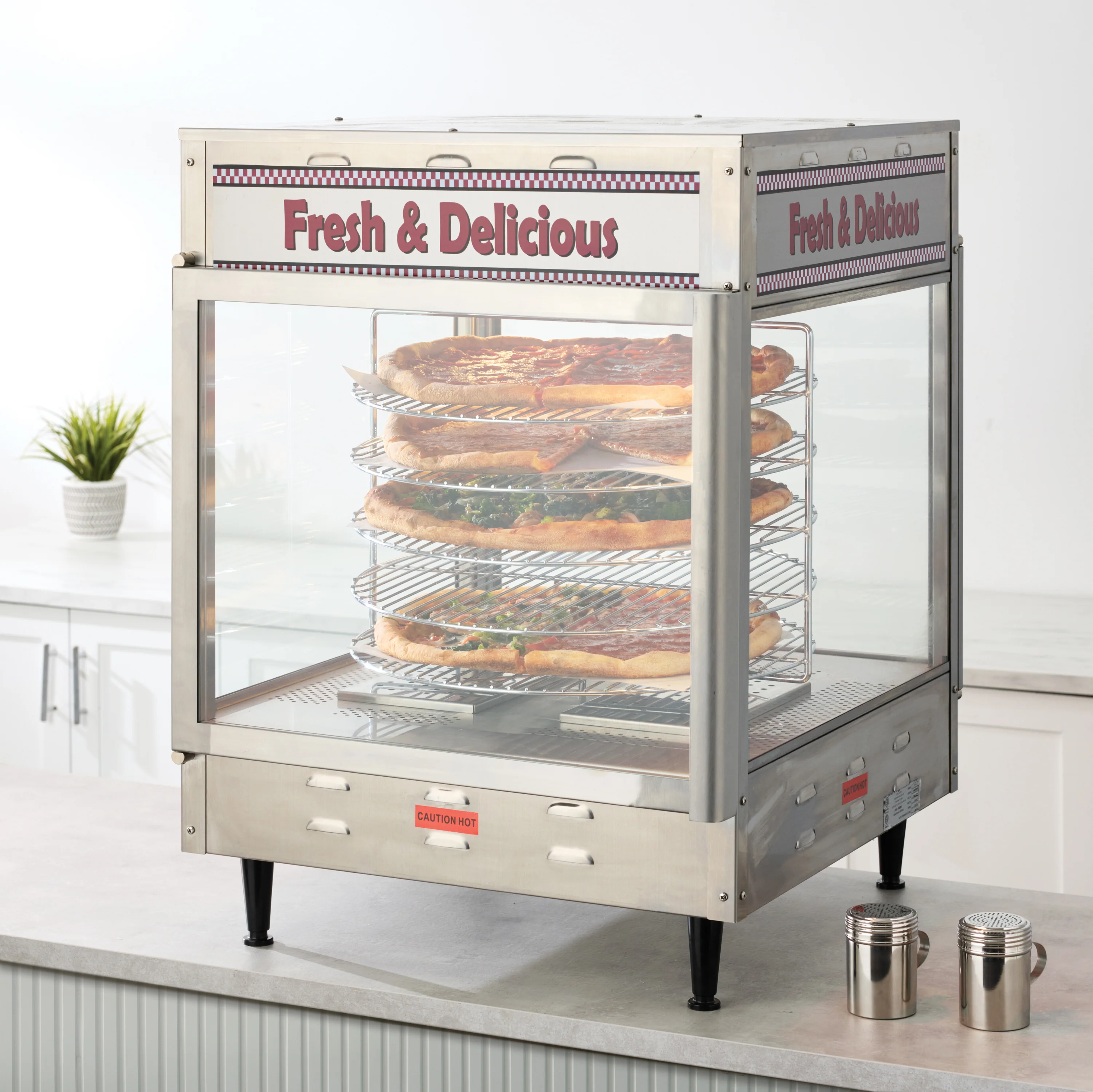 Winco 51018 24 Inch 3 Tier Rotating Rack Electric Hot Food Display Case Stainless Steel with Pass-thru - Image 6