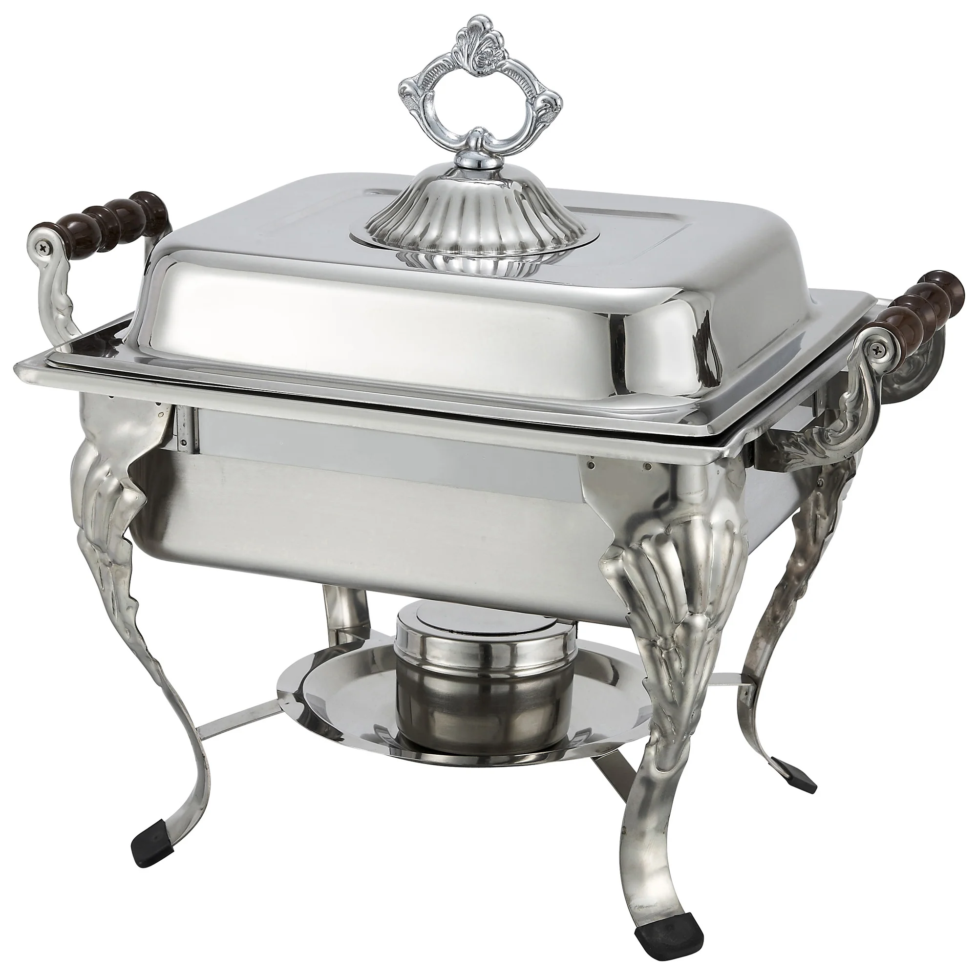 Winco 508 4 Quarts Chafing Dish Square with Dome Cover Wooden Handles Stainless Steel