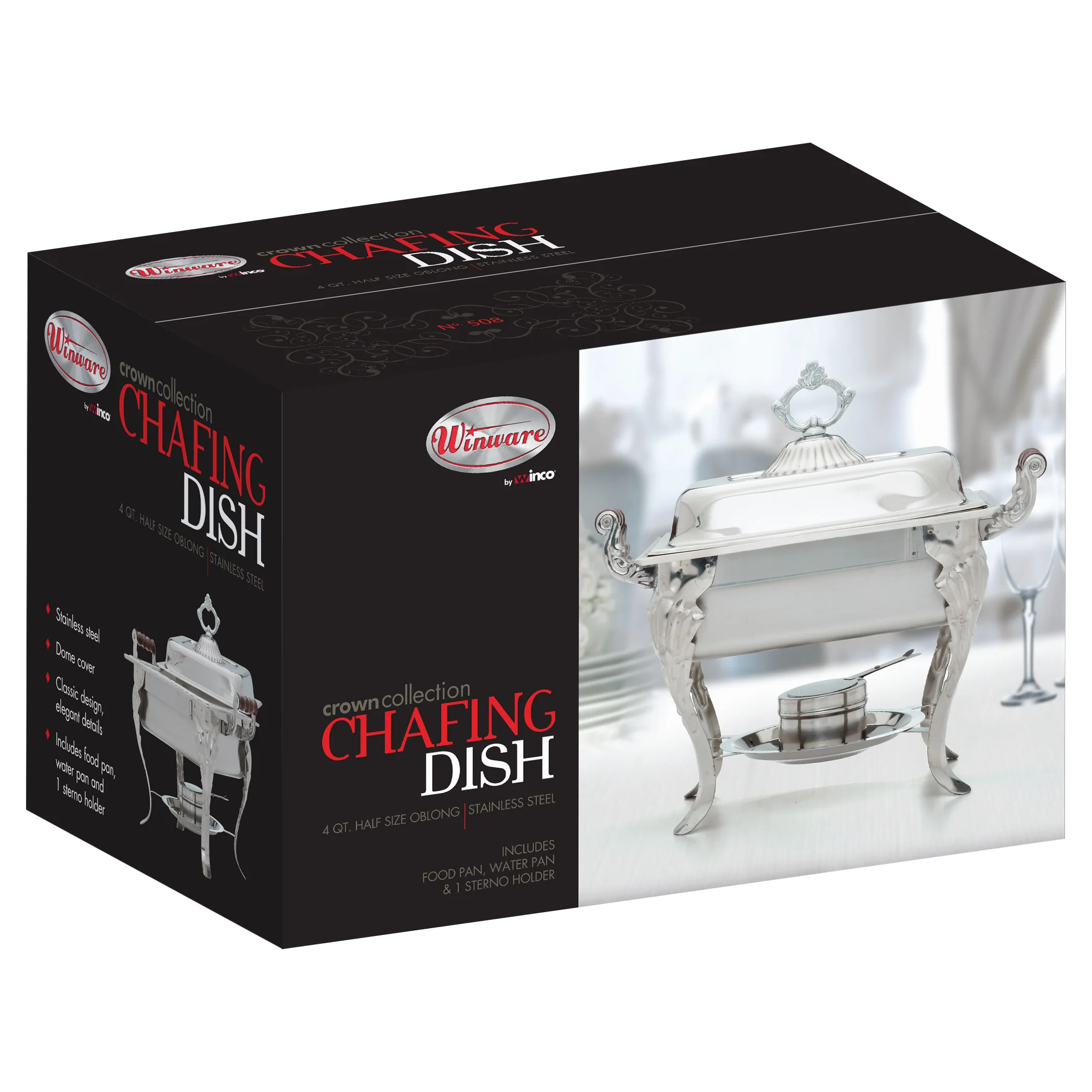 Winco 508 4 Quarts Chafing Dish Square with Dome Cover Wooden Handles Stainless Steel - Image 3