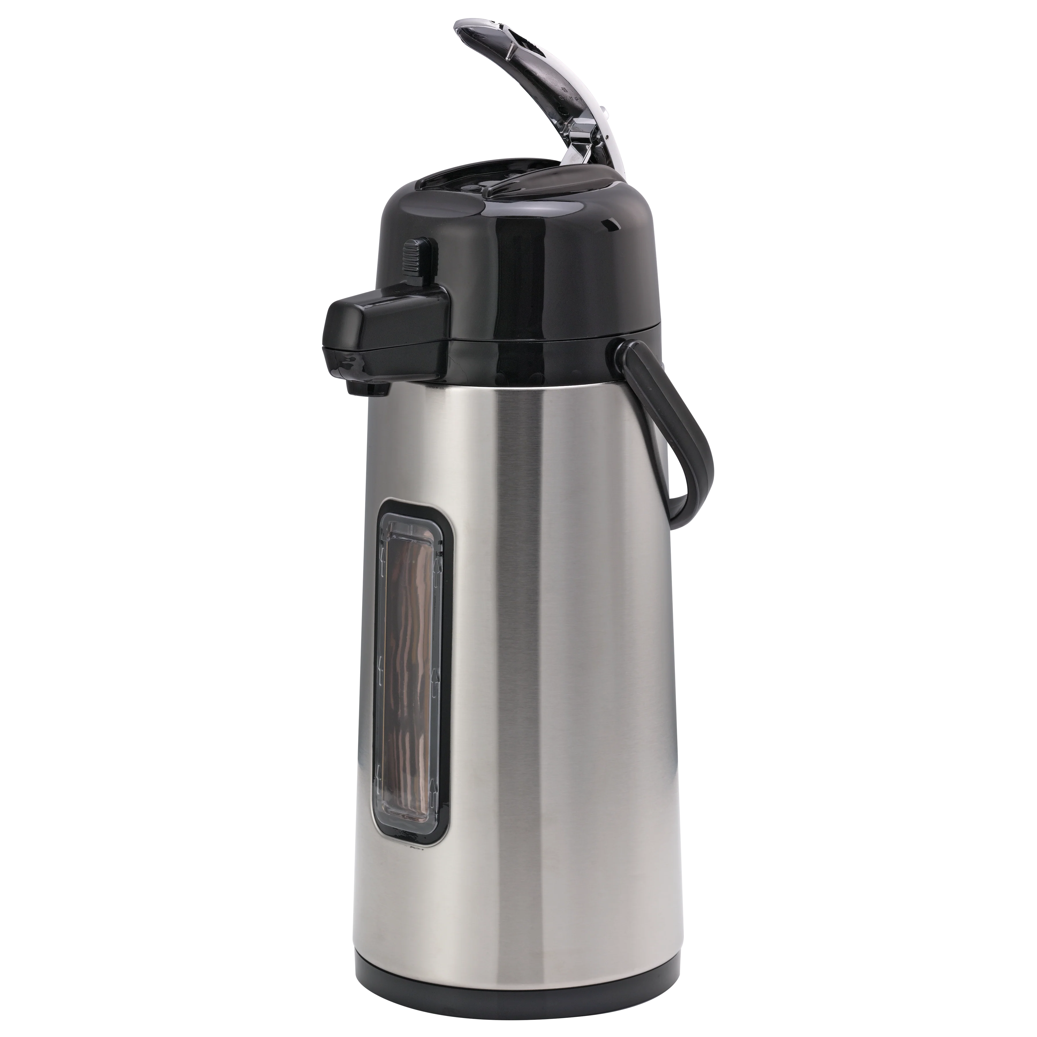 Eco-Air® 2.2-Liter Glass Vacuum Insulated Lever Lid Airpot with Sight Glass in Brushed Stainless and Black