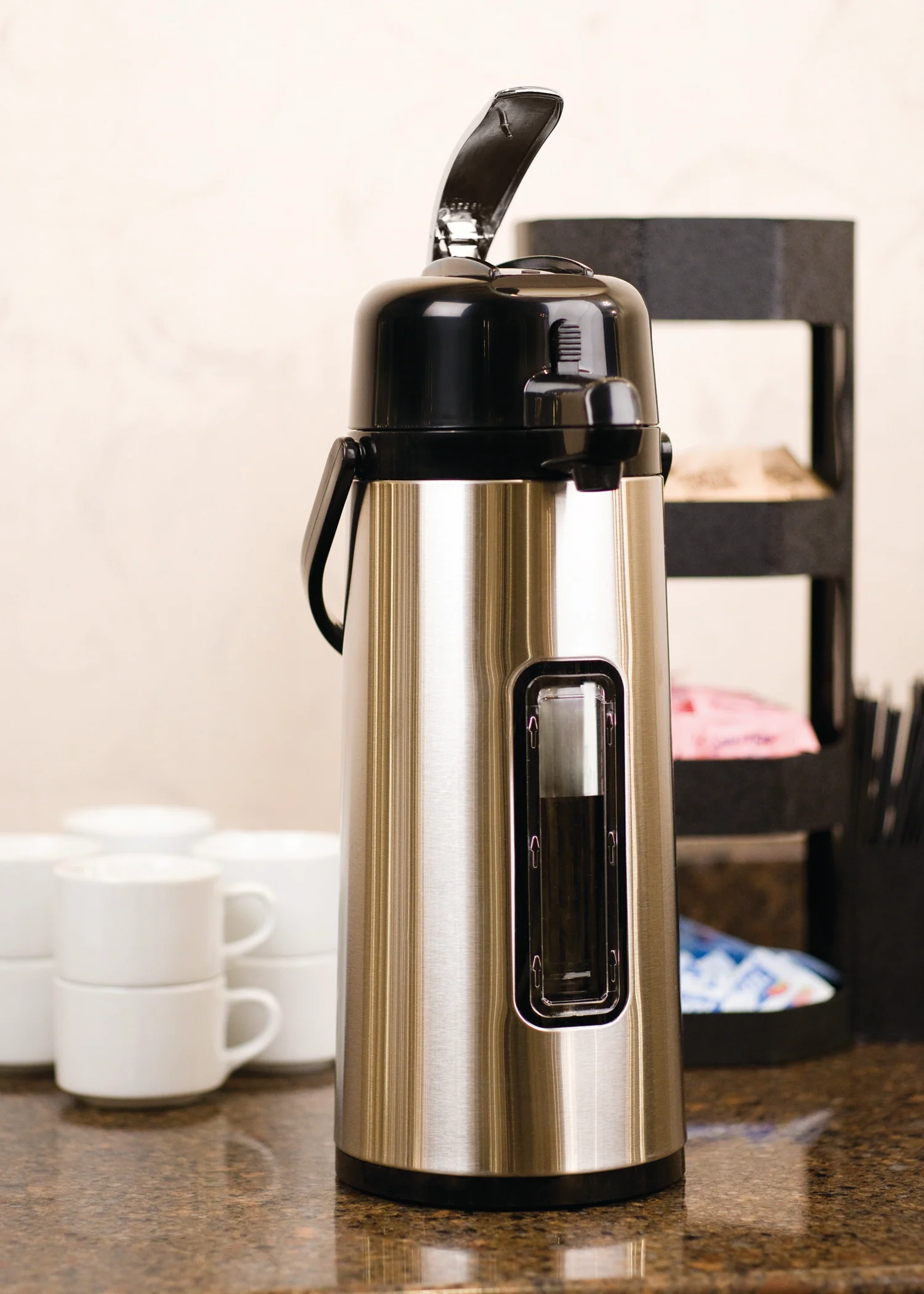 Eco-Air® 2.2-Liter Glass Vacuum Insulated Lever Lid Airpot with Sight Glass in Brushed Stainless and Black - Image 3