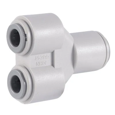 John Guest Gray Acetal 2-Way Divider 3/8" Tube OD Inlet x 5/16" Tube OD Oulets