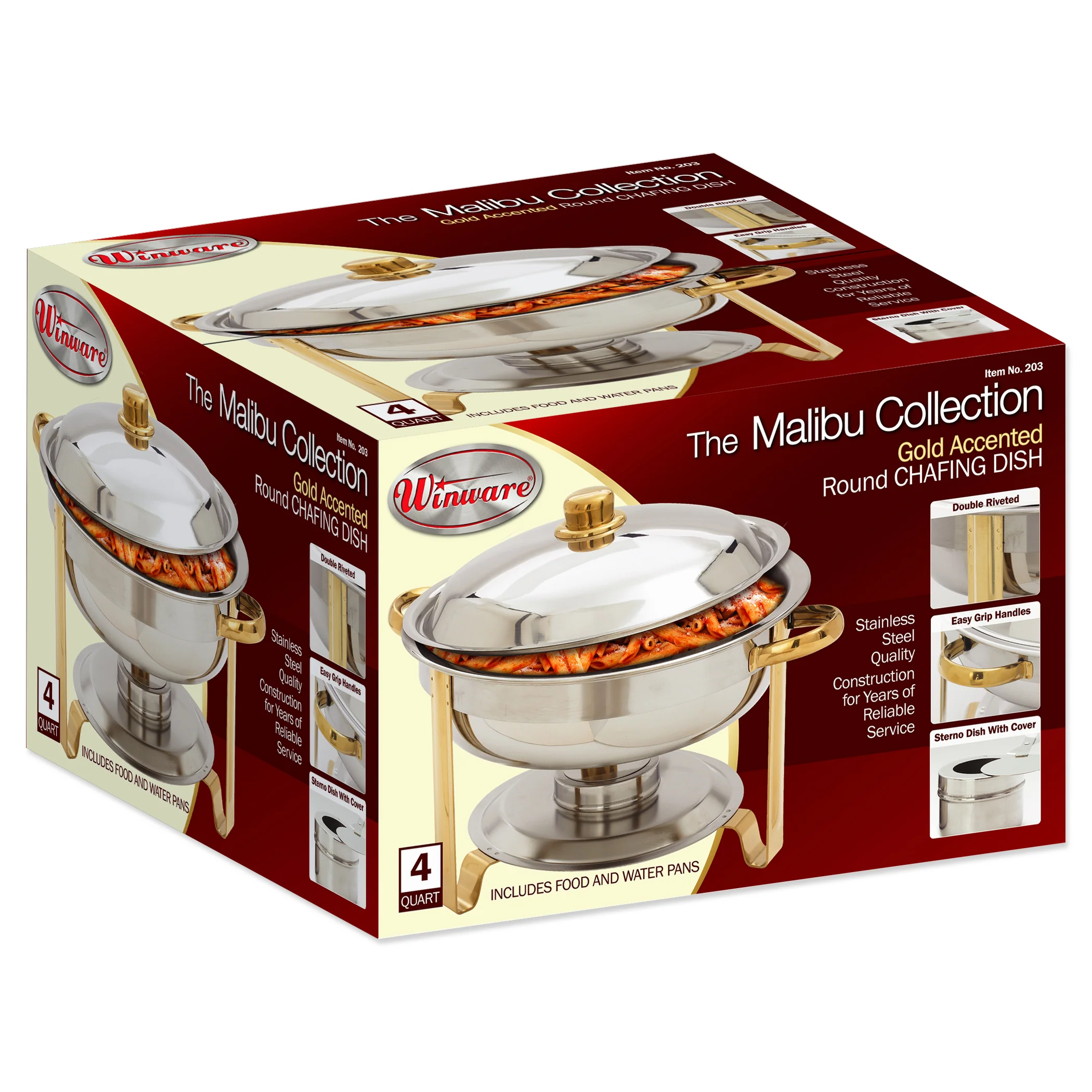 Winco 203 4 Quart Round Chafer Lift-off Cover with Gold Accents Stainless Steel - Image 3