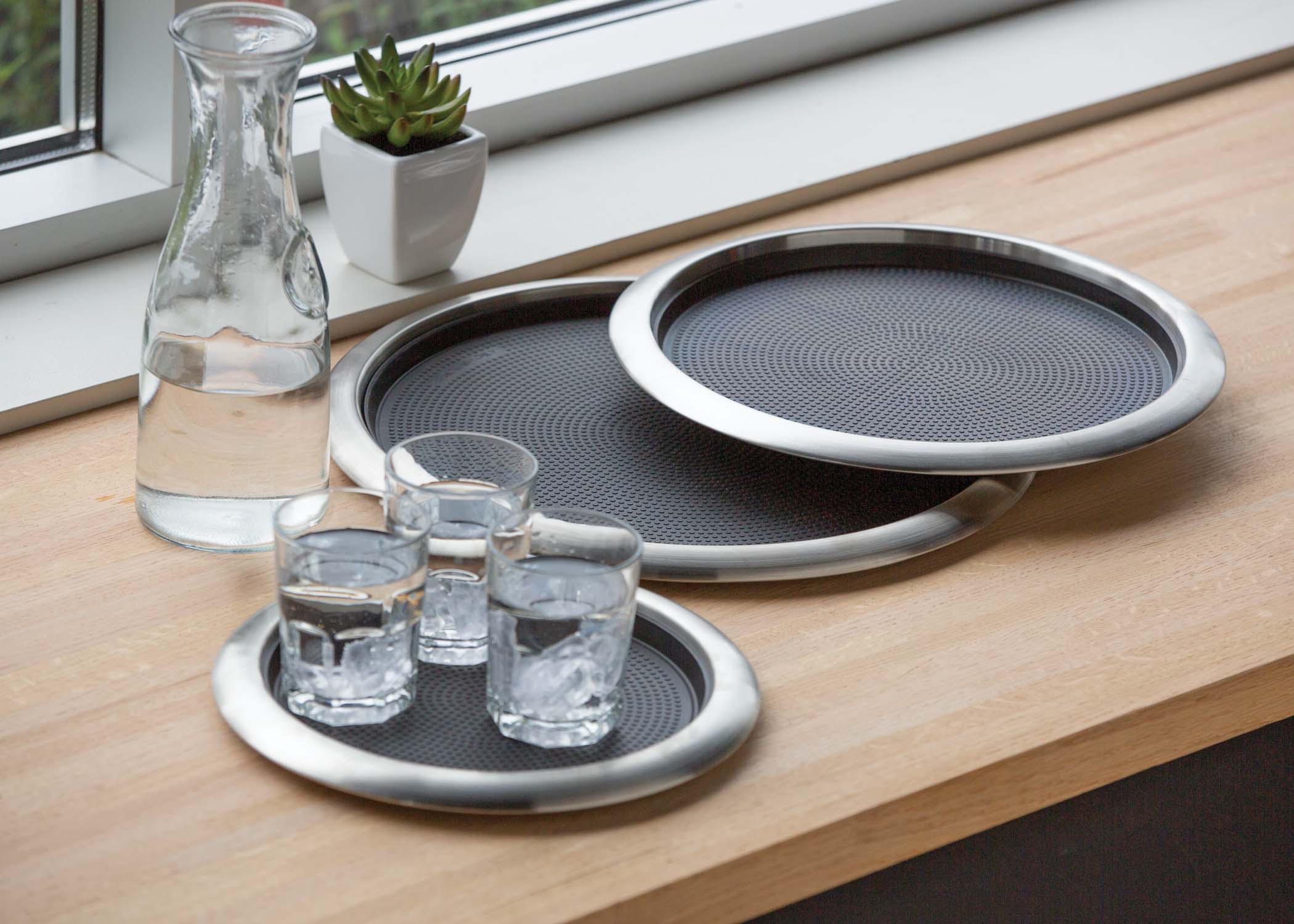 Non-Slip Removable Insert 11 in. Small Round Serving Tray in Brushed Stainless and Black - Image 2