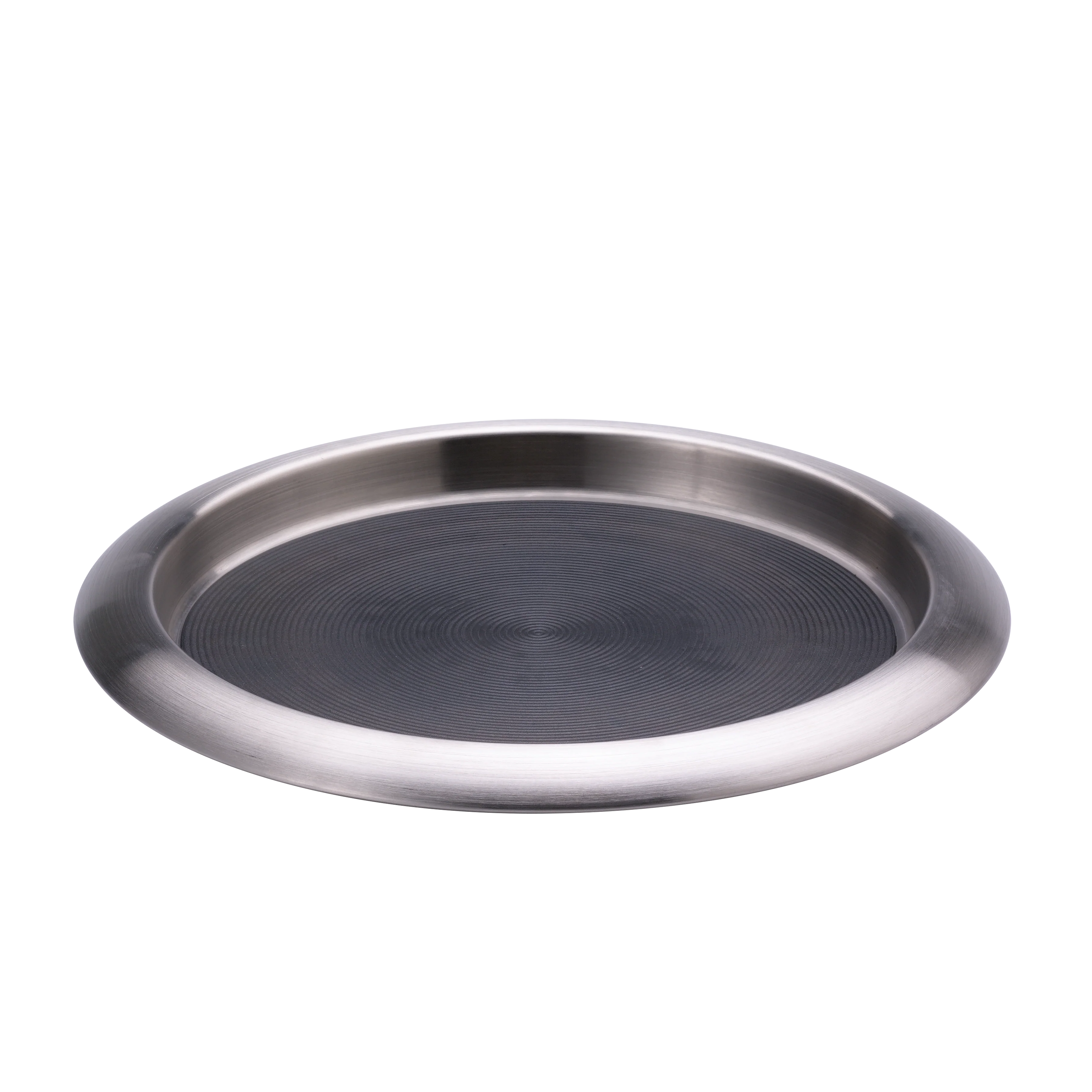 Non-Slip Silicone Surface 11 in. Small Round Serving Tray in Brushed Stainless and Black