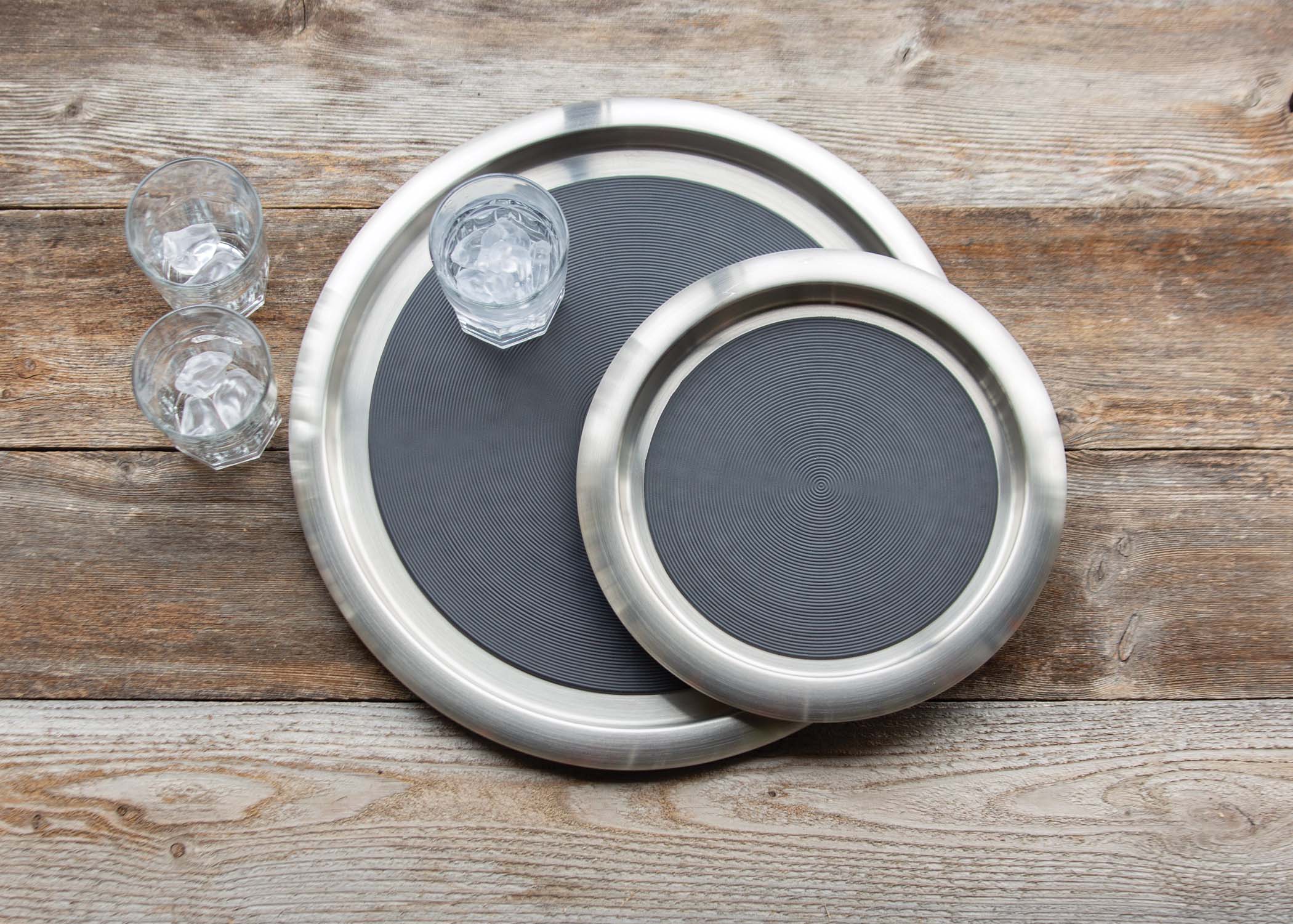 Non-Slip Silicone Surface 11 in. Small Round Serving Tray in Brushed Stainless and Black - Image 2