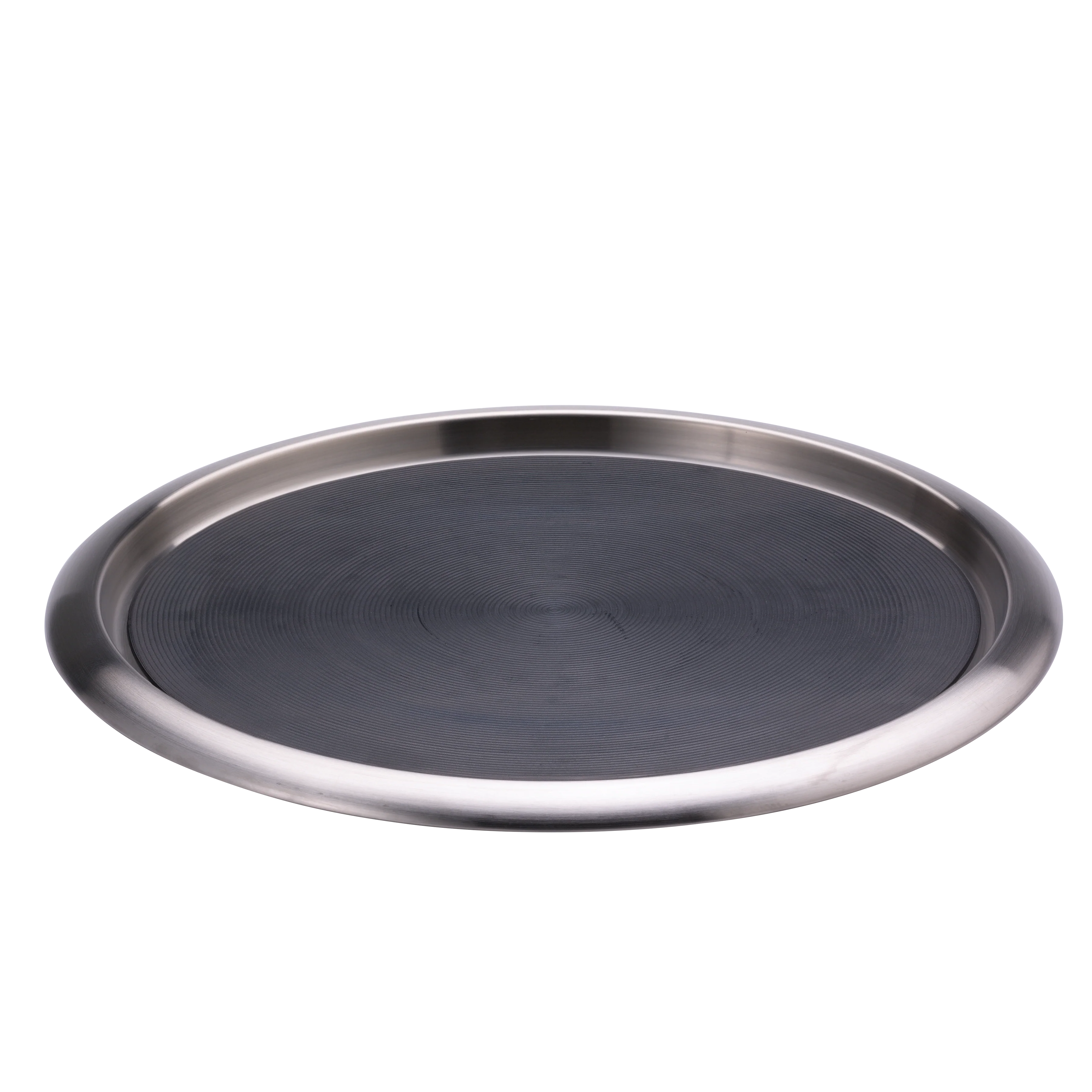 Non-Slip Silicone Surface 16 in. Large Round Serving Tray in Brushed Stainless and Black