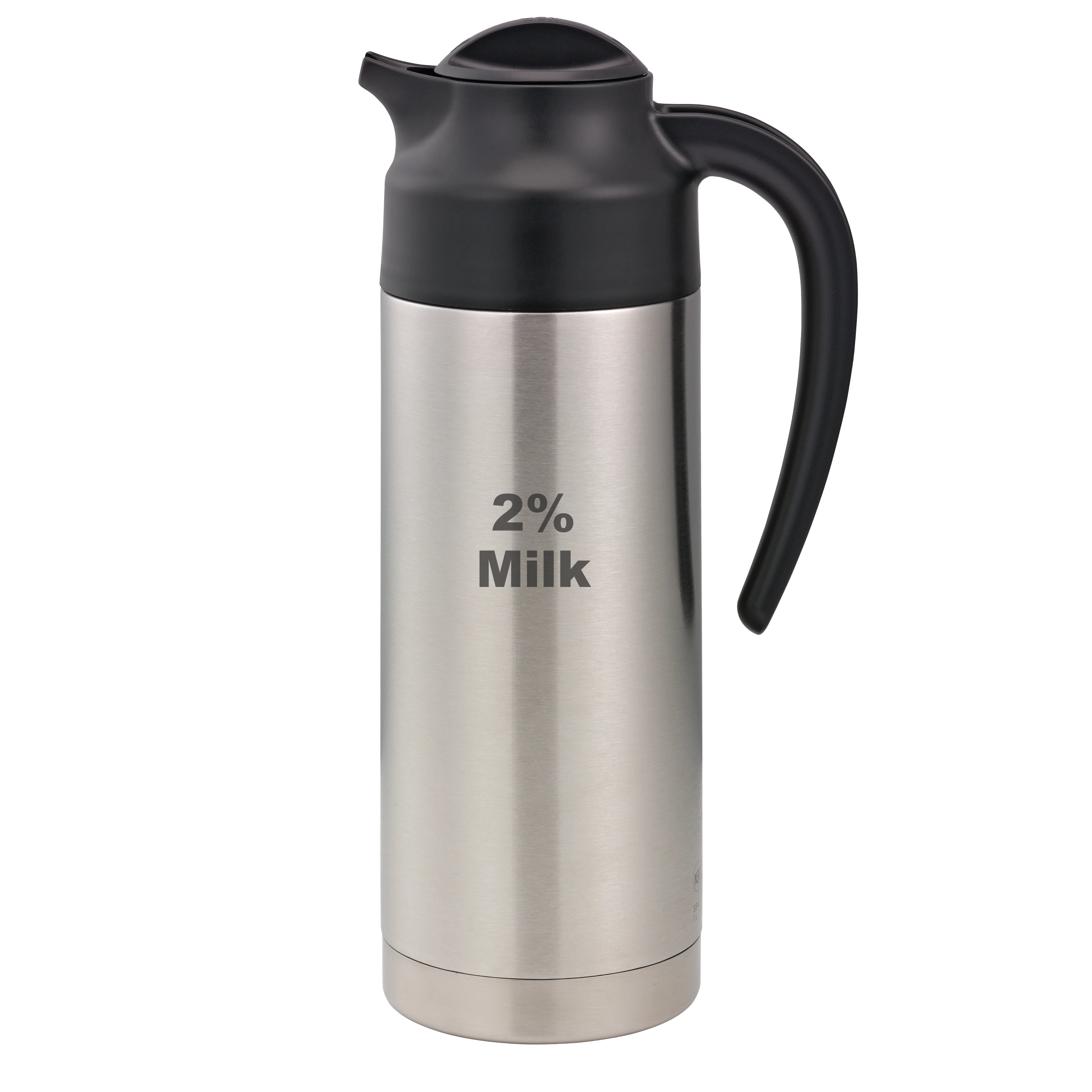 SteelVac® 1-Liter Vacuum Insulated Creamer with Steel Base Laser Etched "2% Milk" in Brushed Stainless and Black