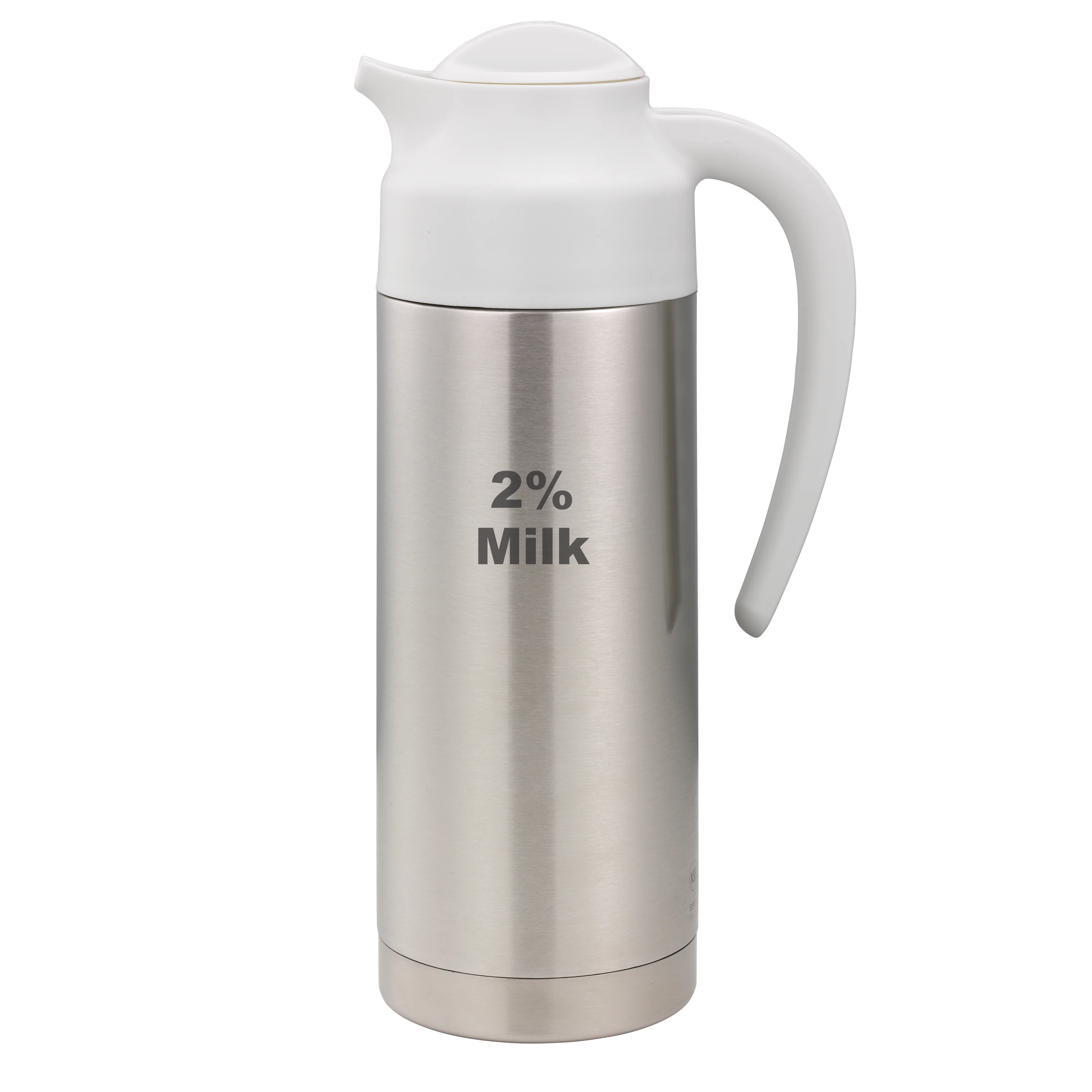 SteelVac® 1-Liter Vacuum Insulated Creamer with Steel Base Laser Etched "2% Milk" in Brushed Stainless and White