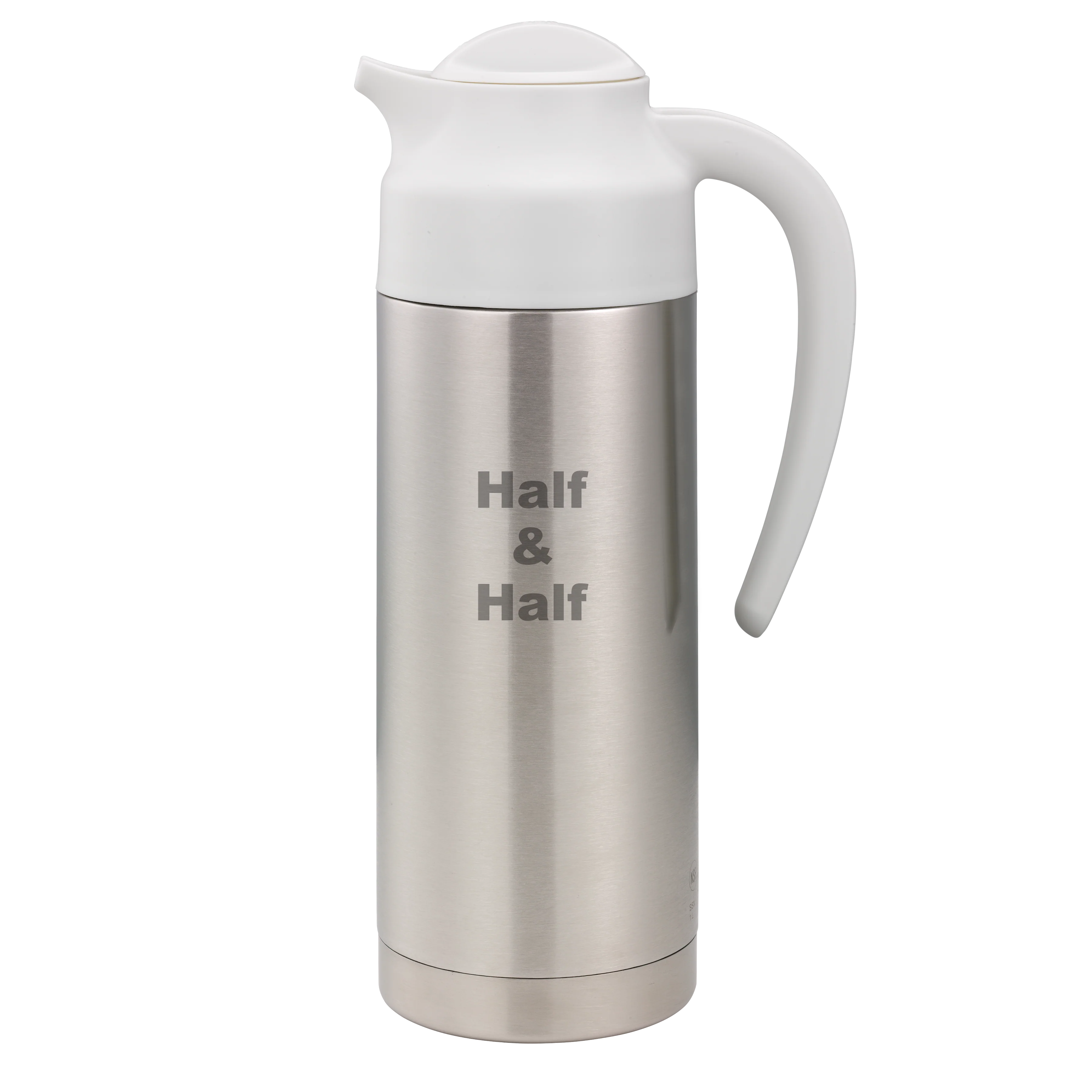 SteelVac® 1-Liter Vacuum Insulated Creamer with Steel Base Laser Etched "Half & Half" in Brushed Stainless and White