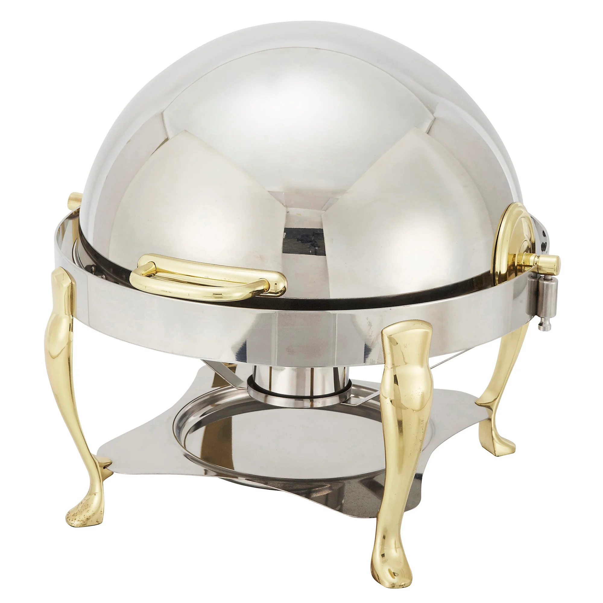 Winco 308A 6 Quarts Round Chafer Roll Top Brass Handles Stainless Steel with Mirror Finish