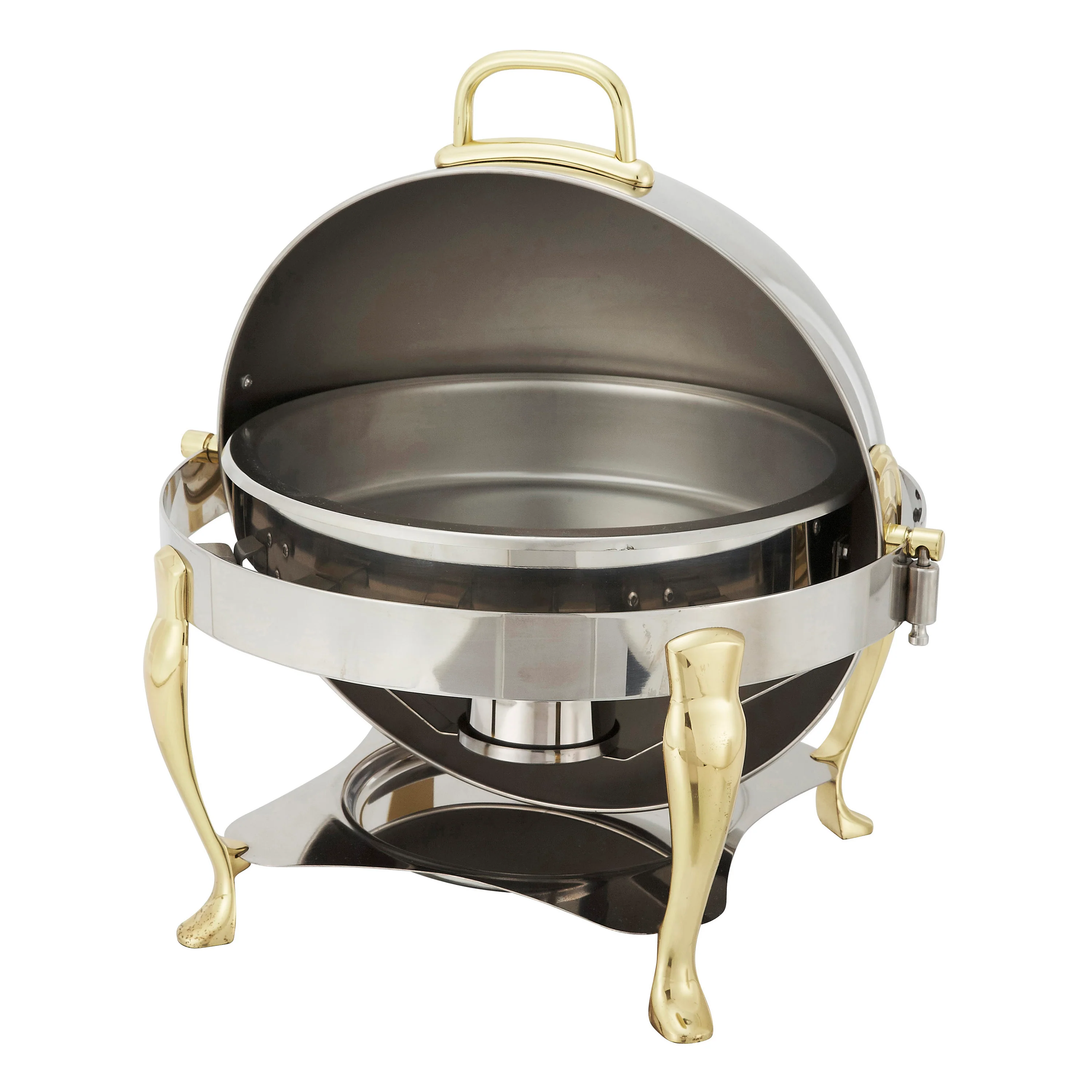 Winco 308A 6 Quarts Round Chafer Roll Top Brass Handles Stainless Steel with Mirror Finish - Image 2