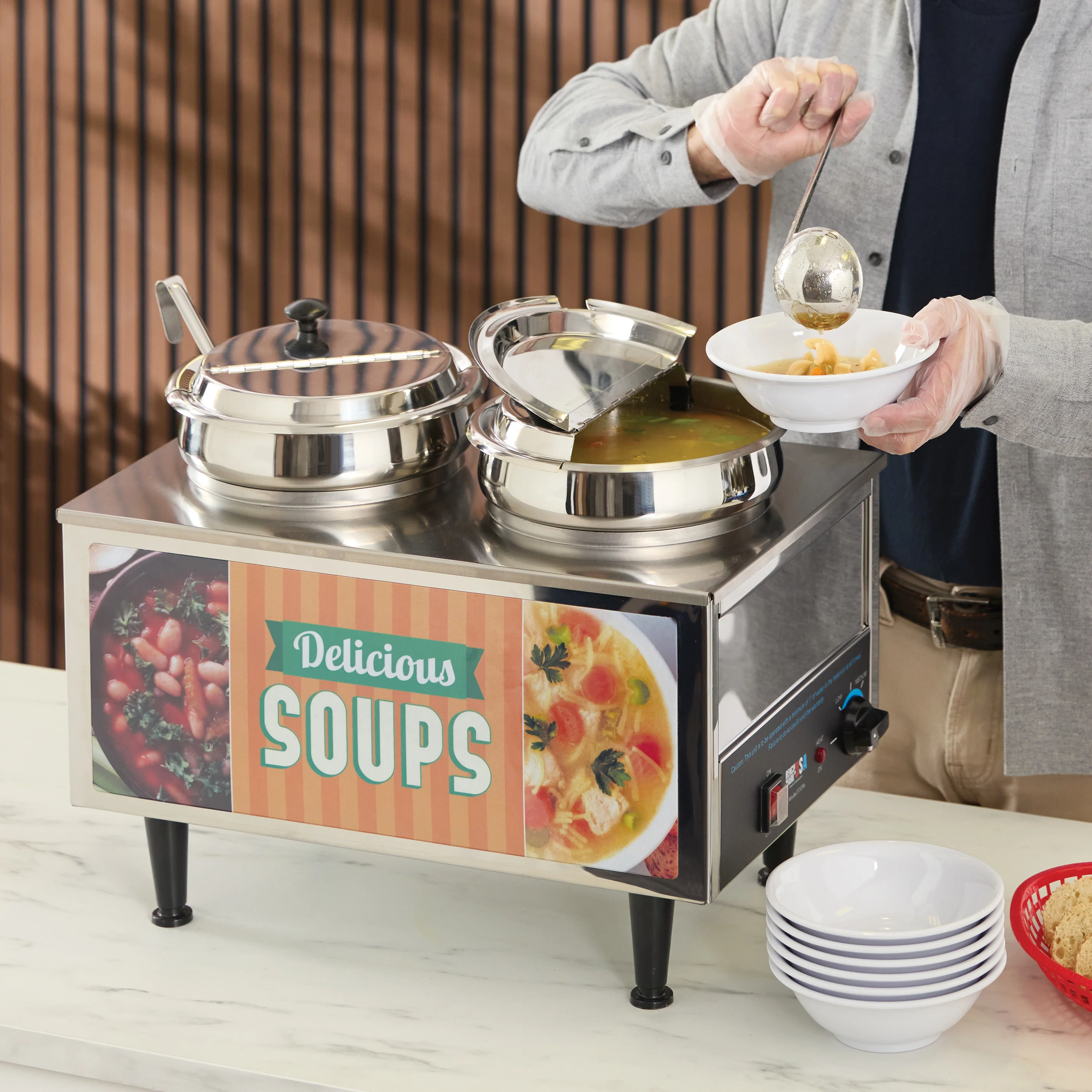 Winco 51072S 21 Inch Dual 7 Quart Soup Station Warmer with Hinged Inset Lids - Image 2