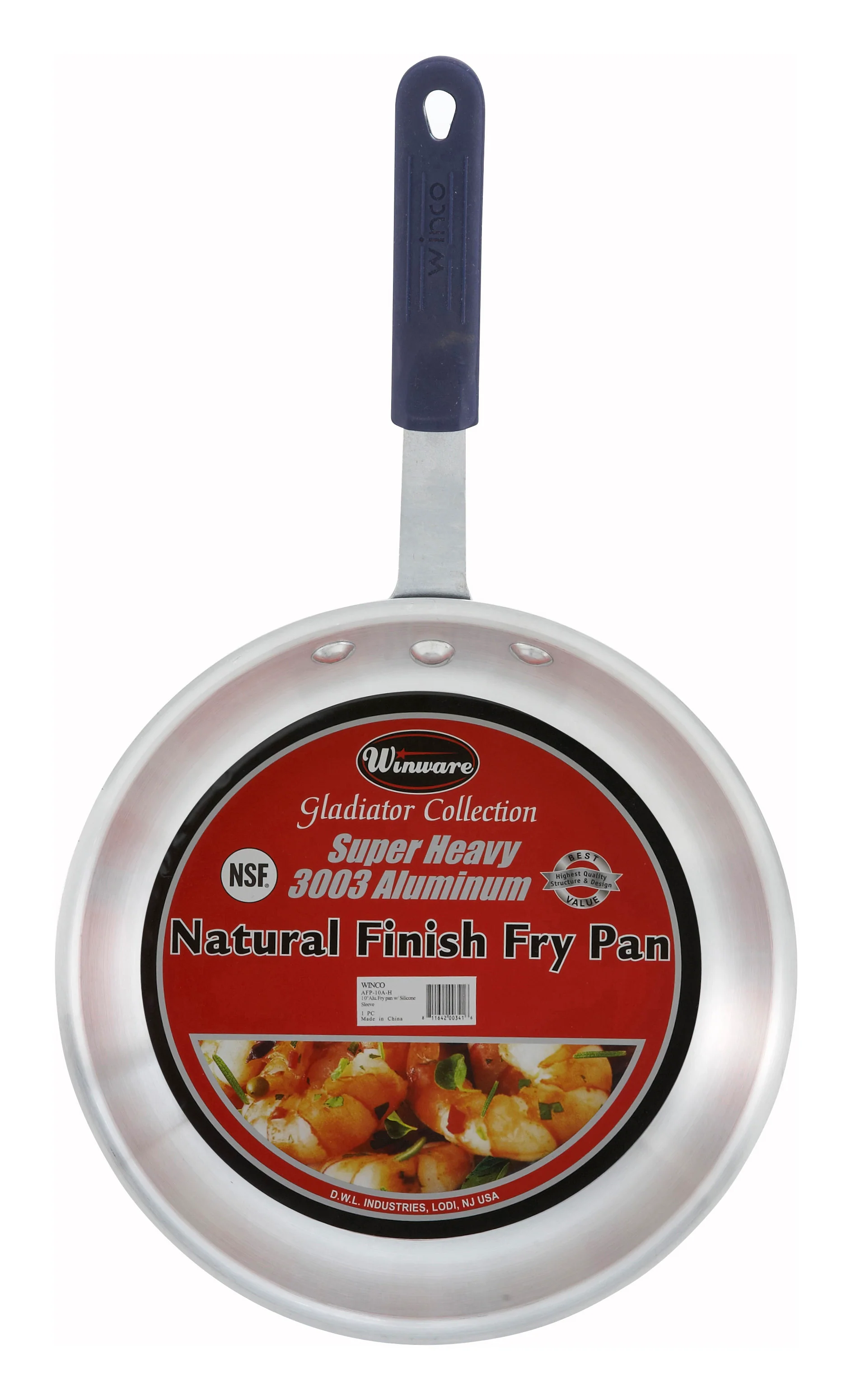 Winco AFP-7A-H Diameter 7 Inch Fry Pan Aluminum Riveted Handle Blue Silicone Sleeve - Image 3