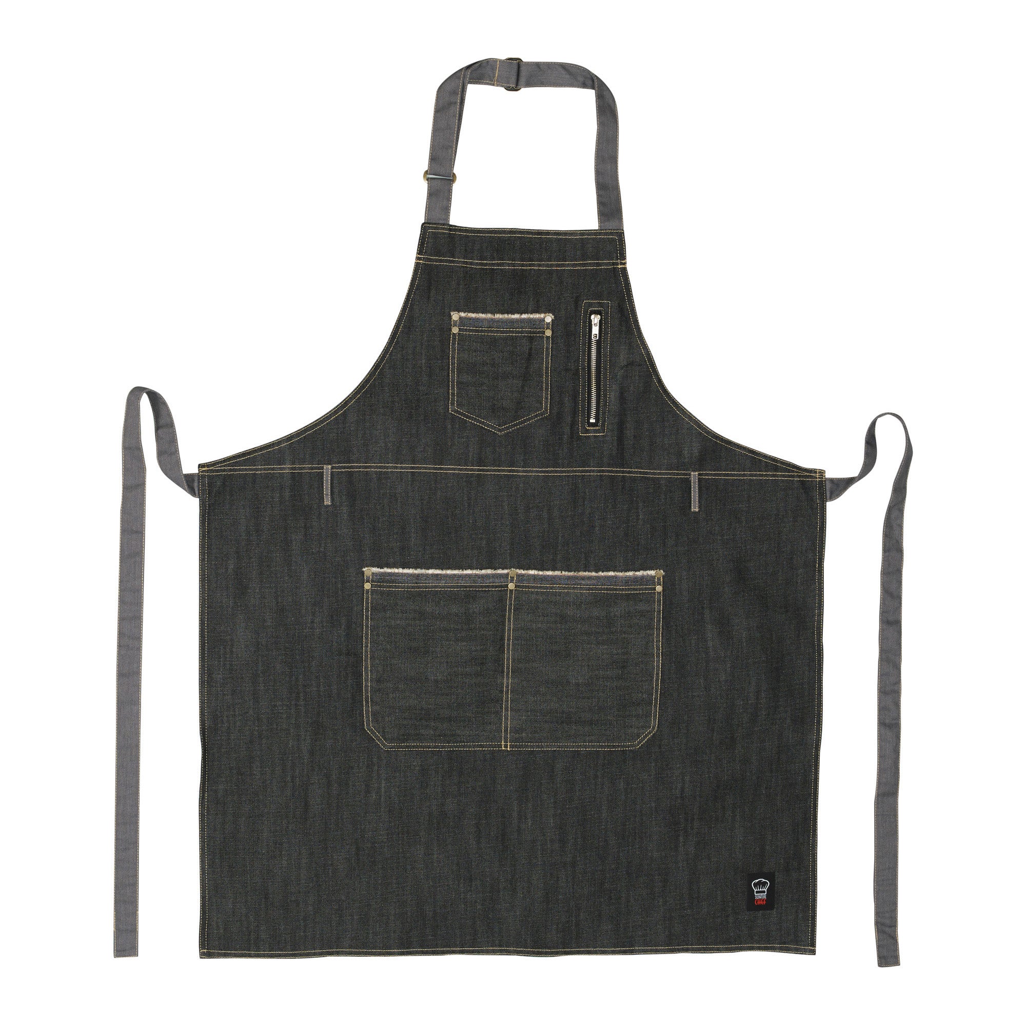 Winco BADN-3430 34-1/2 Inch Bib Apron with 3 Pockets and Zipper Pouch Blue Poly Cotton - Image 3