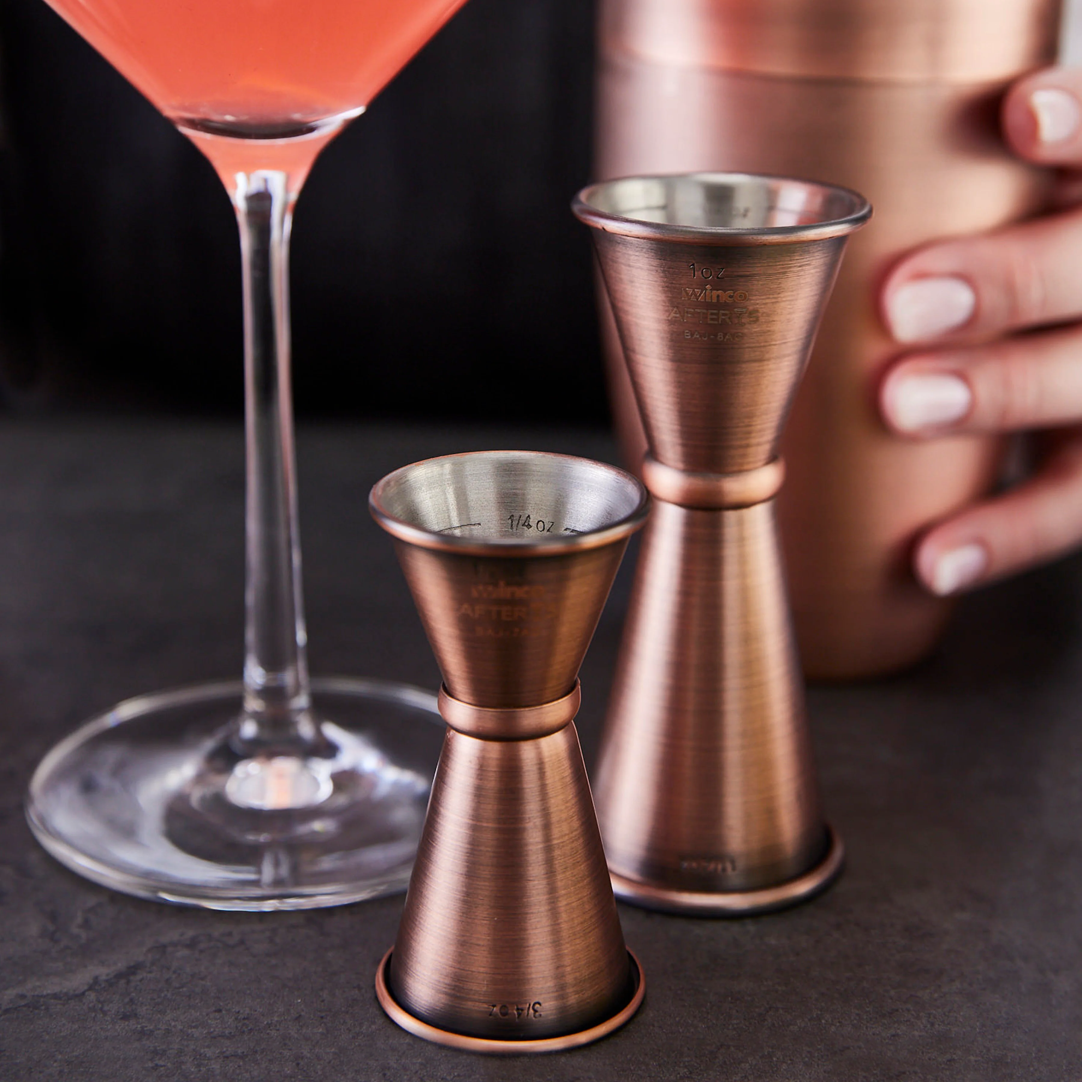 Winco BAJ-8AC 1x1-1/2 Oz Jigger with Inner Marking Lines Antique Copper Finish Stainless Steel - Image 3