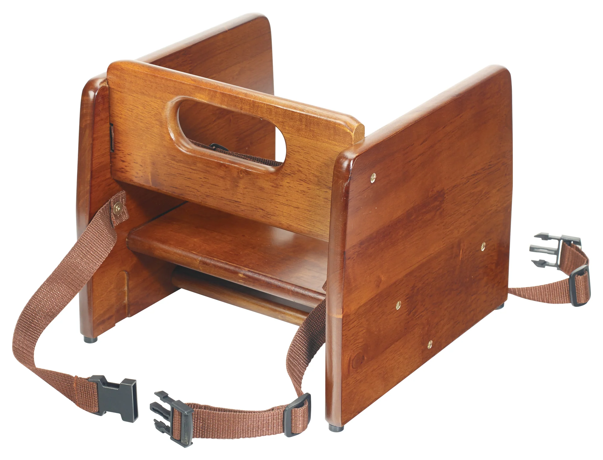 Winco CHB-704 11-3/4 Inch Stacking Booster Seat Walnut Rubberwood with Straps - Image 2