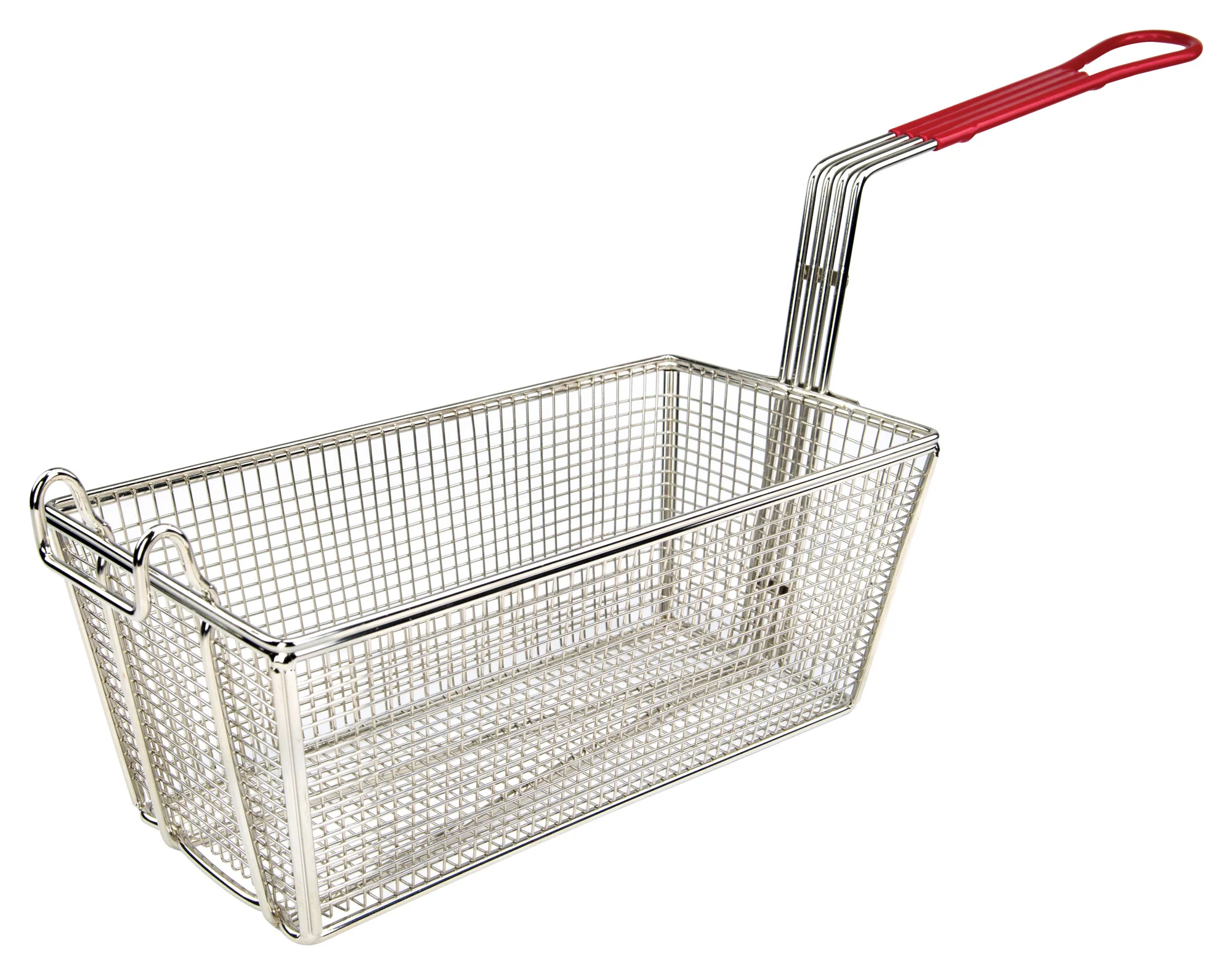 Winco FB-25 12-7/8 Inch Rectangular Fry Basket with Red Handle Nickel Plated