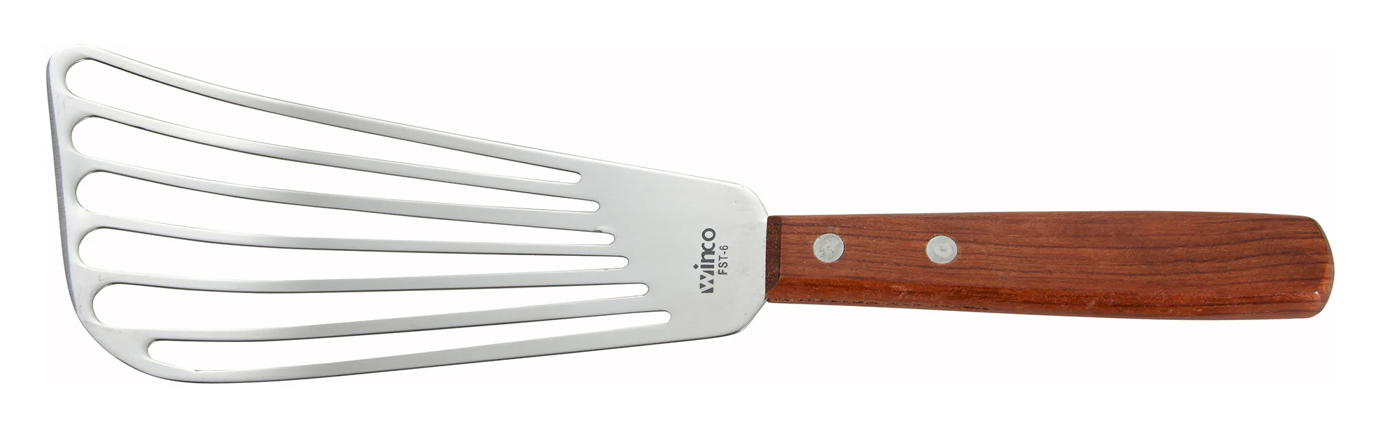 Winco FST-6 6-3/4 Inch Slotted Fish Spatula Wood Handle Stainless Steel Satin Finish - Image 2