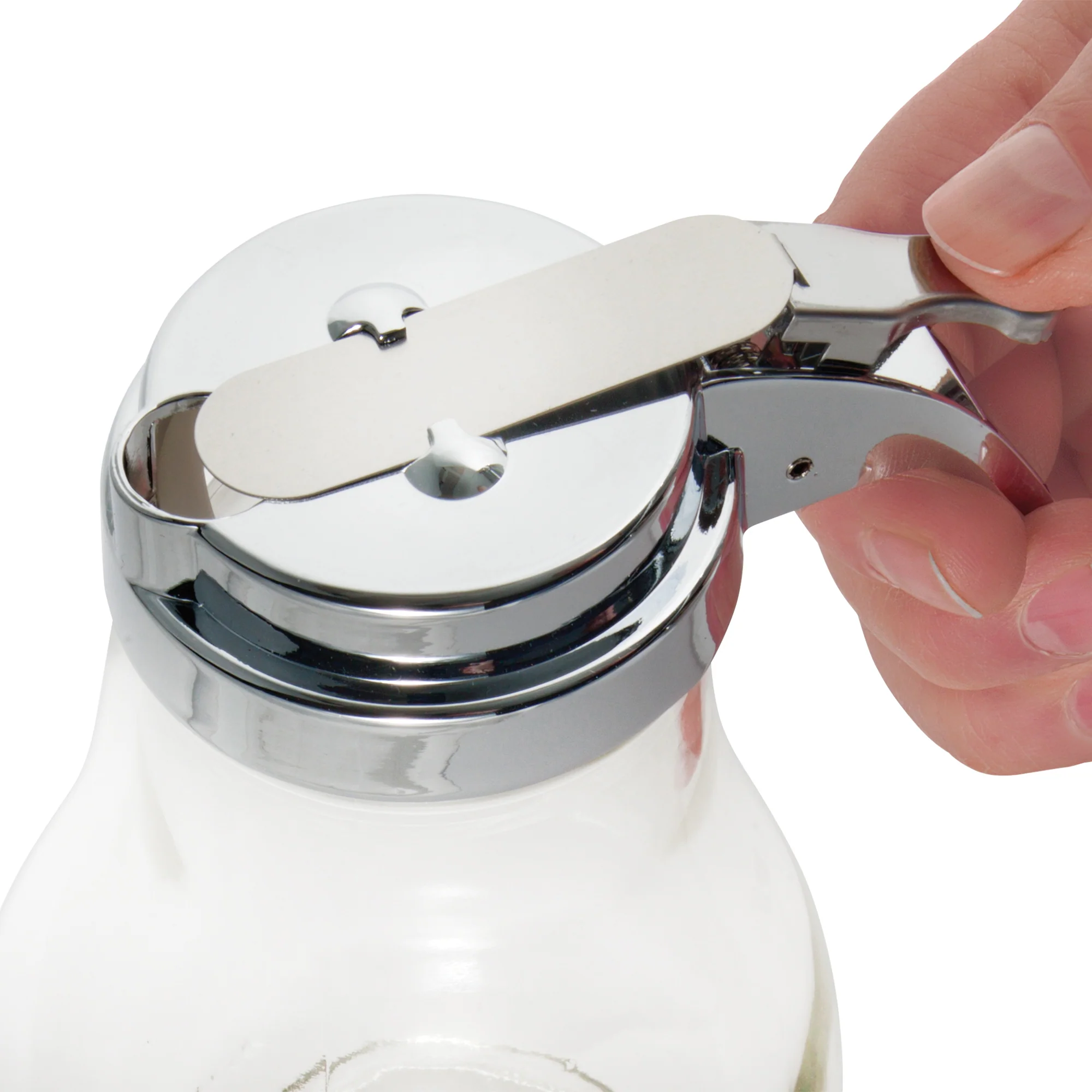 Winco G-116 14 Oz Syrup Pourer Thumb Operated Glass with Chrome Top - Image 2