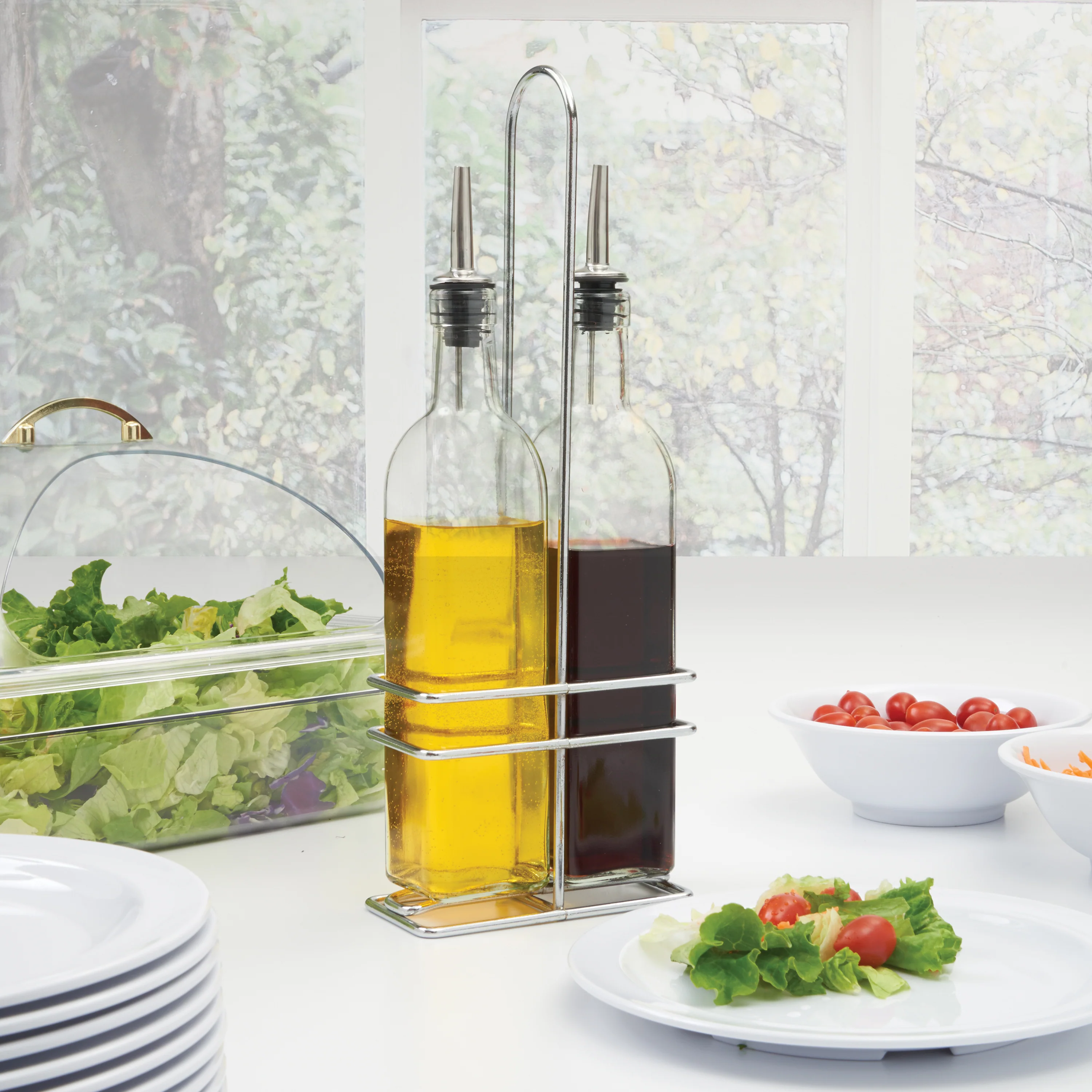 Winco GOB-16S 16 Oz Cruet Set with Chrome Plated Rack and Lids - Image 2