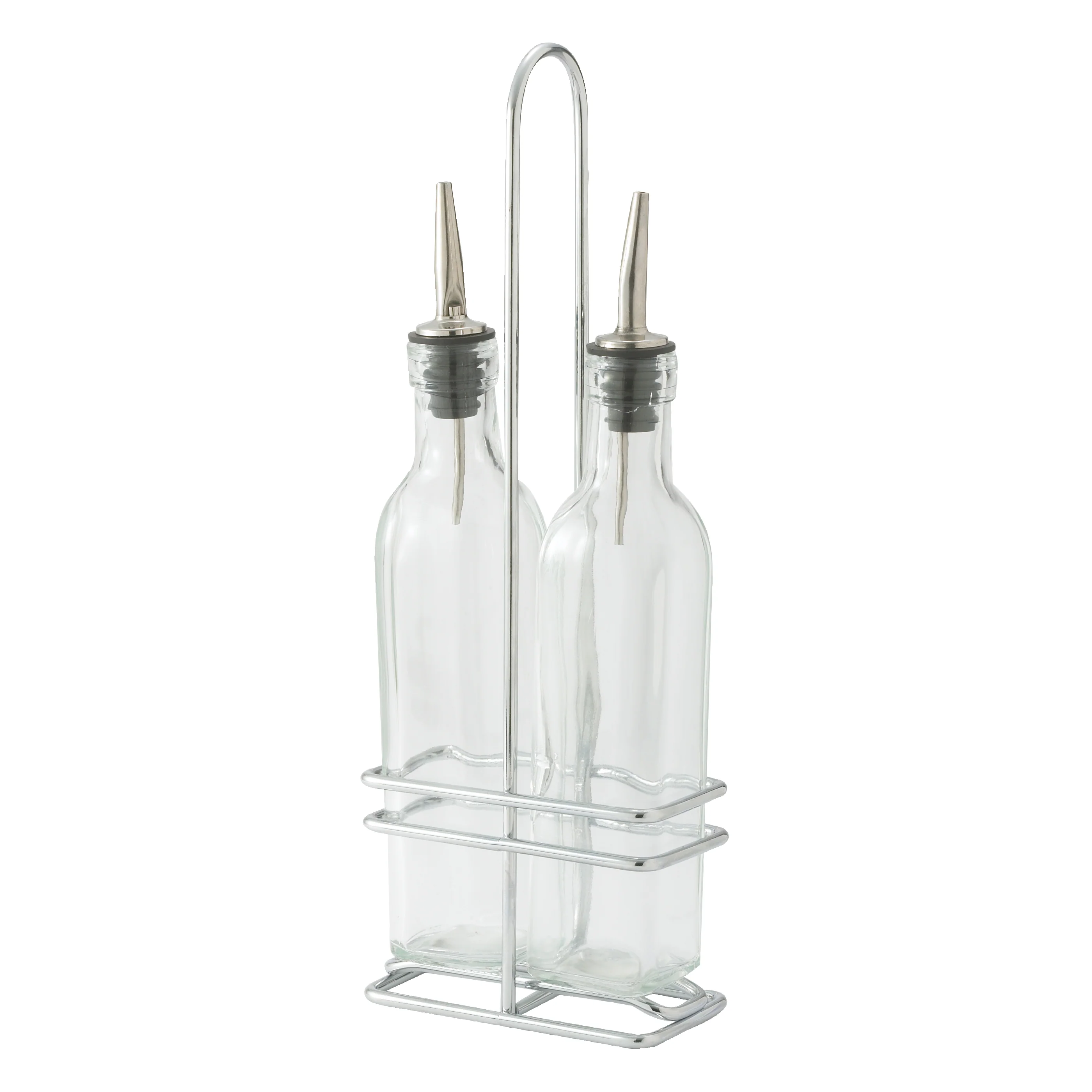 Winco GOB-16S 16 Oz Cruet Set with Chrome Plated Rack and Lids - Image 3