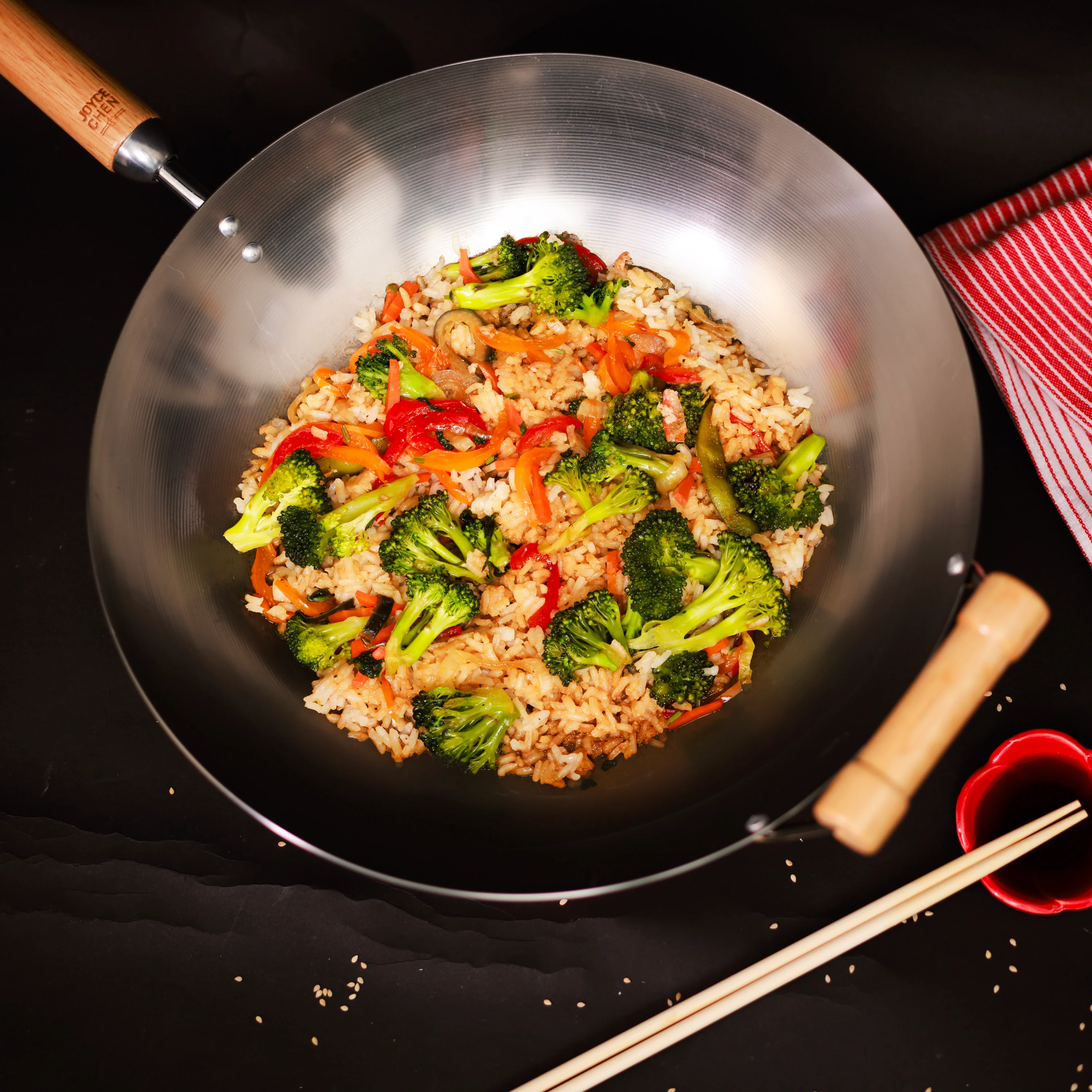 Winco J20-1140 14 Inch Classic Series Round Bottom Wok with Birch Handles Carbon Steel - Image 6