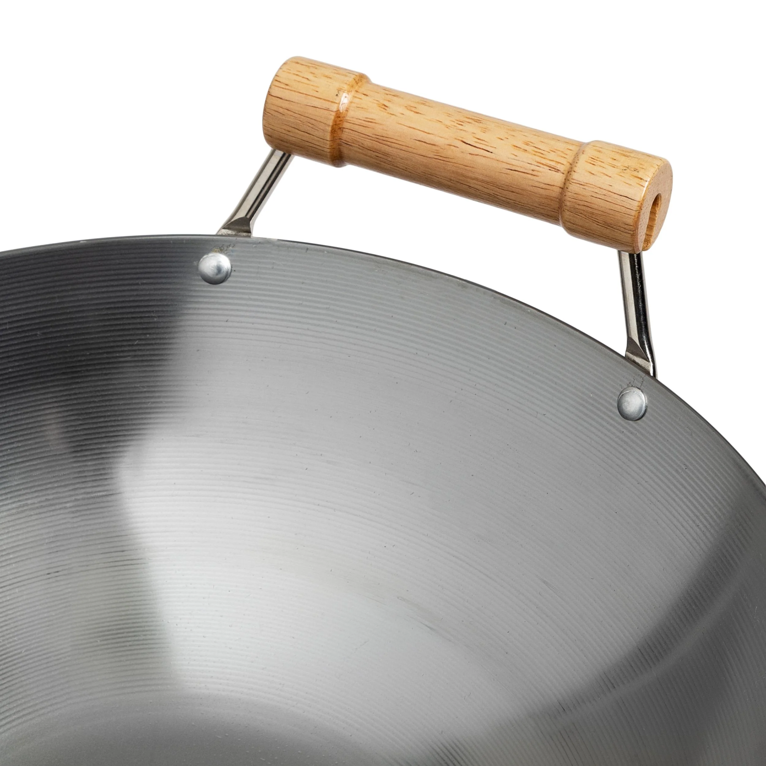 Winco J20-1140 14 Inch Classic Series Round Bottom Wok with Birch Handles Carbon Steel - Image 7