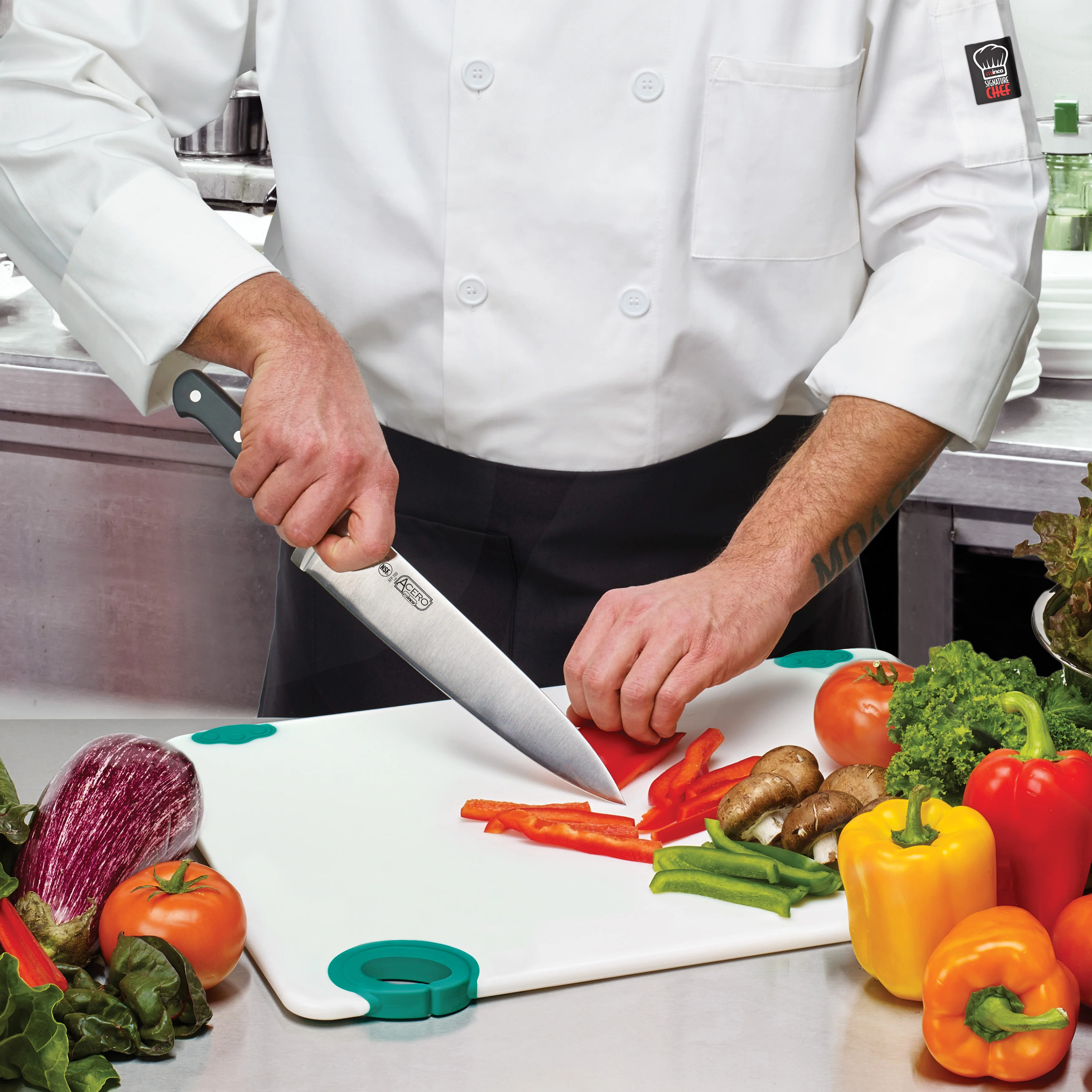 Winco KFP-100 10 Inch Blade Acero Chef Knife High Carbon Stainless Steel Black Handle - Image 2