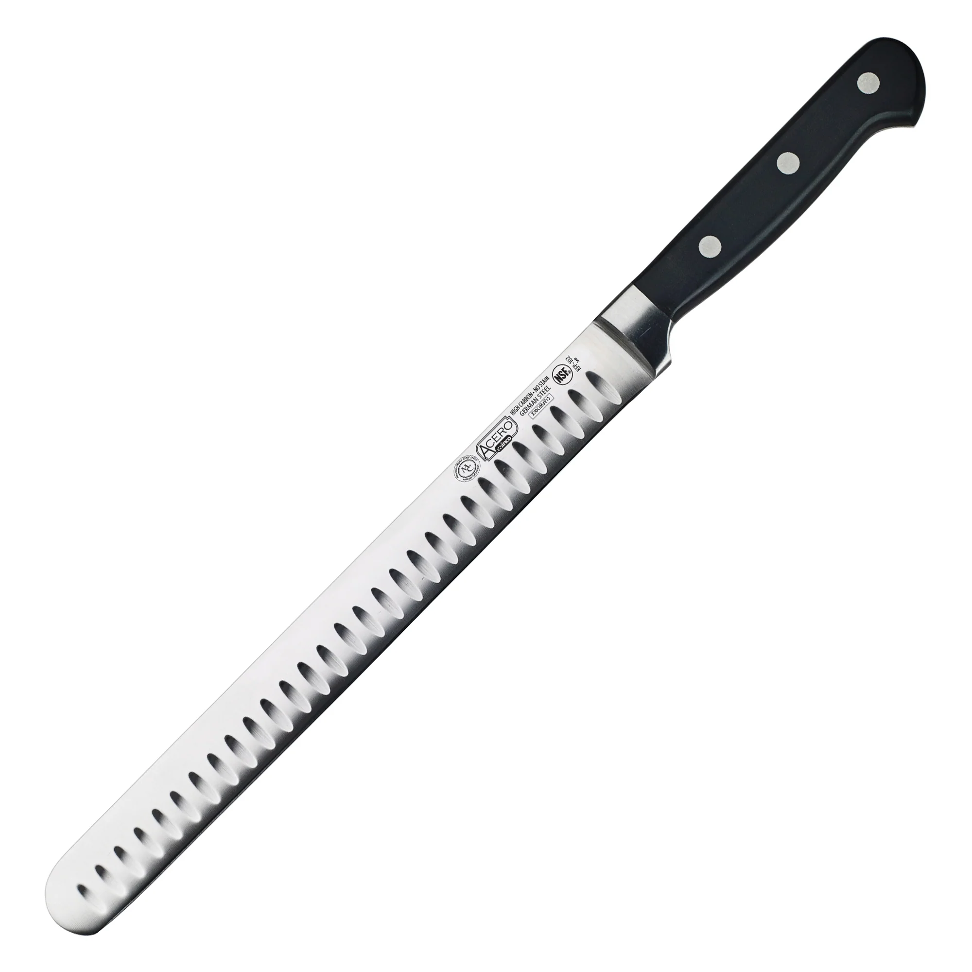 Winco KFP-102 10 Inch Blade Granton Edge Knife Forged High Carbon Stainless Steel Black Handle - Image 2