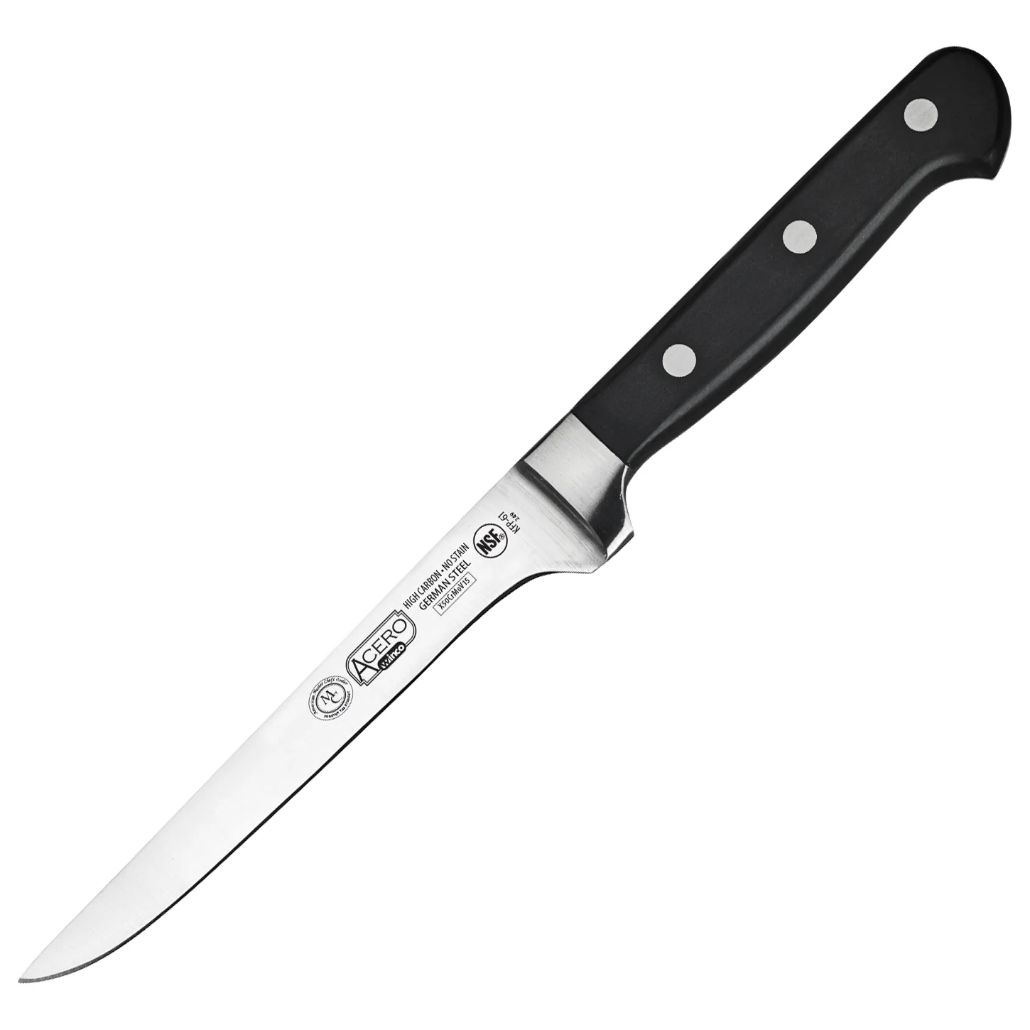 Winco KFP-61 11-1/2 Inch O.A.L. 6 Inch Blade Boning Knife Black POM Handle Forged High Carbon Stainless Steel