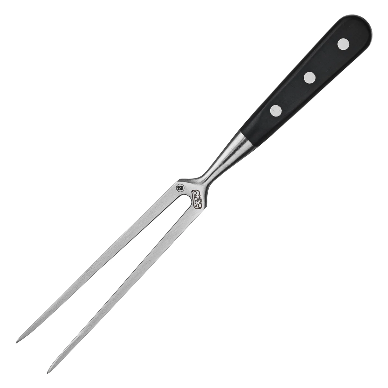 Winco KFP-71 12 Inch O.A.L. Straight Cook's Fork One Piece POM Handle Black High Carbon Stainless Steel with Descriptors - Image 2