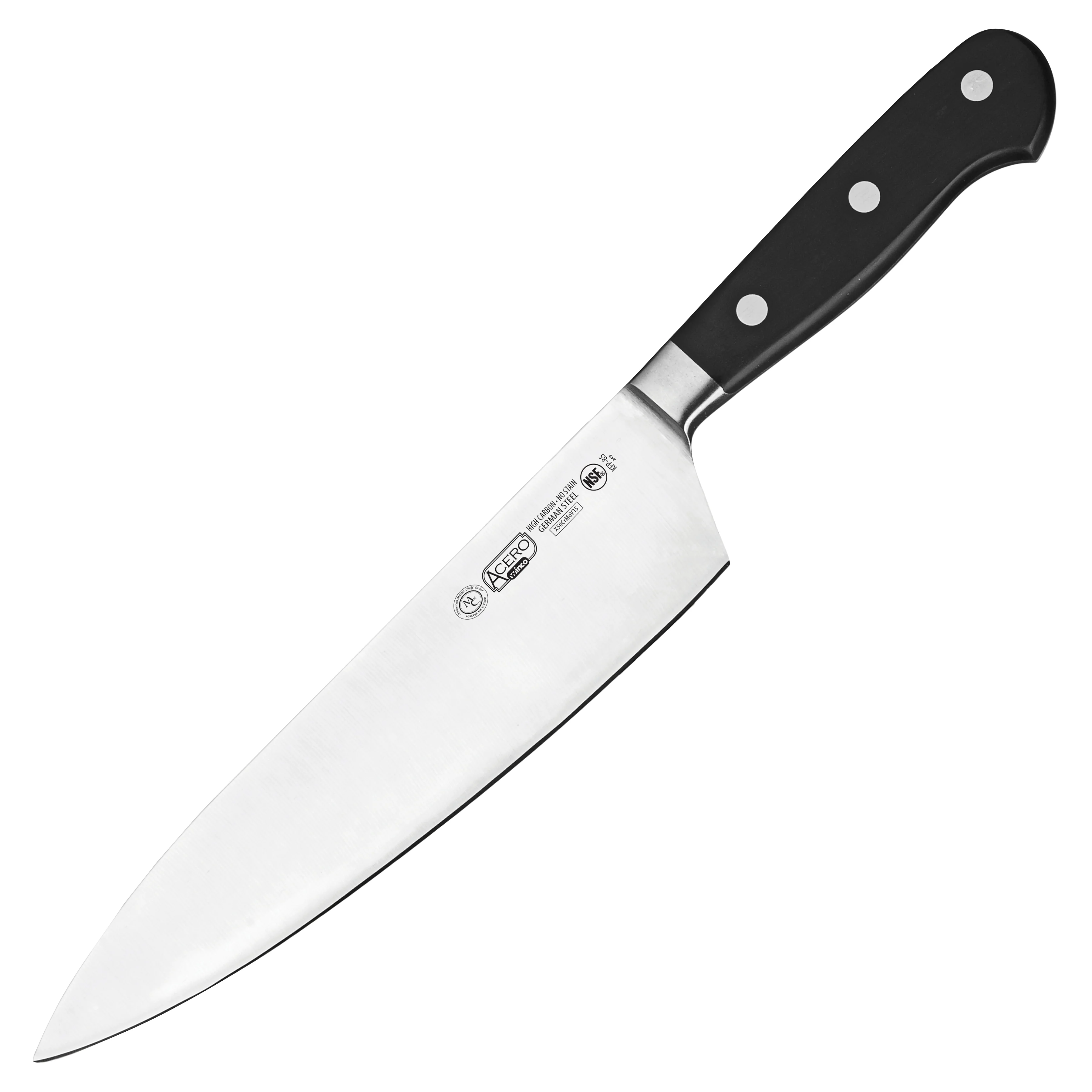 Winco KFP-85 8 Inch Blade Short Bolster Forged Chef Knife High Carbon Stainless Steel Black Handle - Image 2