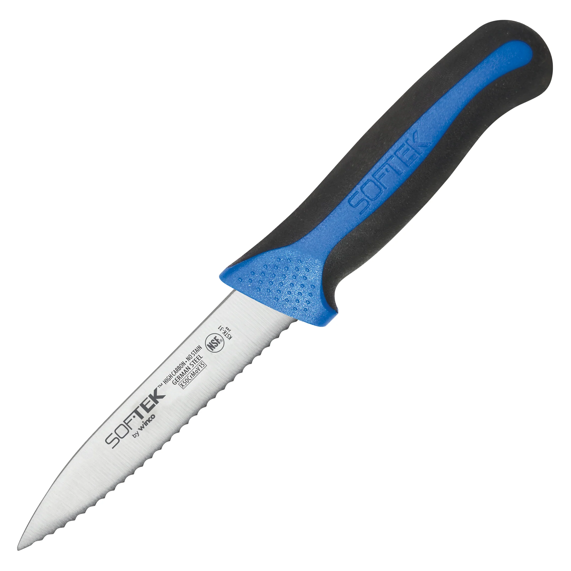 Winco 3-1/2" Serrated Paring Knife - High-Carbon Steel TPR Handle