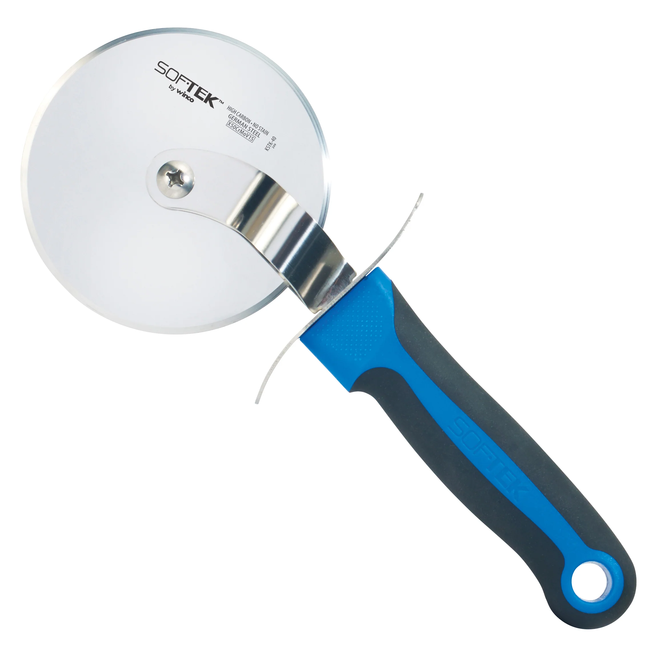 Winco KSTK-40 4 Inch Diameter Pizza Cutter High Carbon Steel with Softek Handle Blue - Image 2