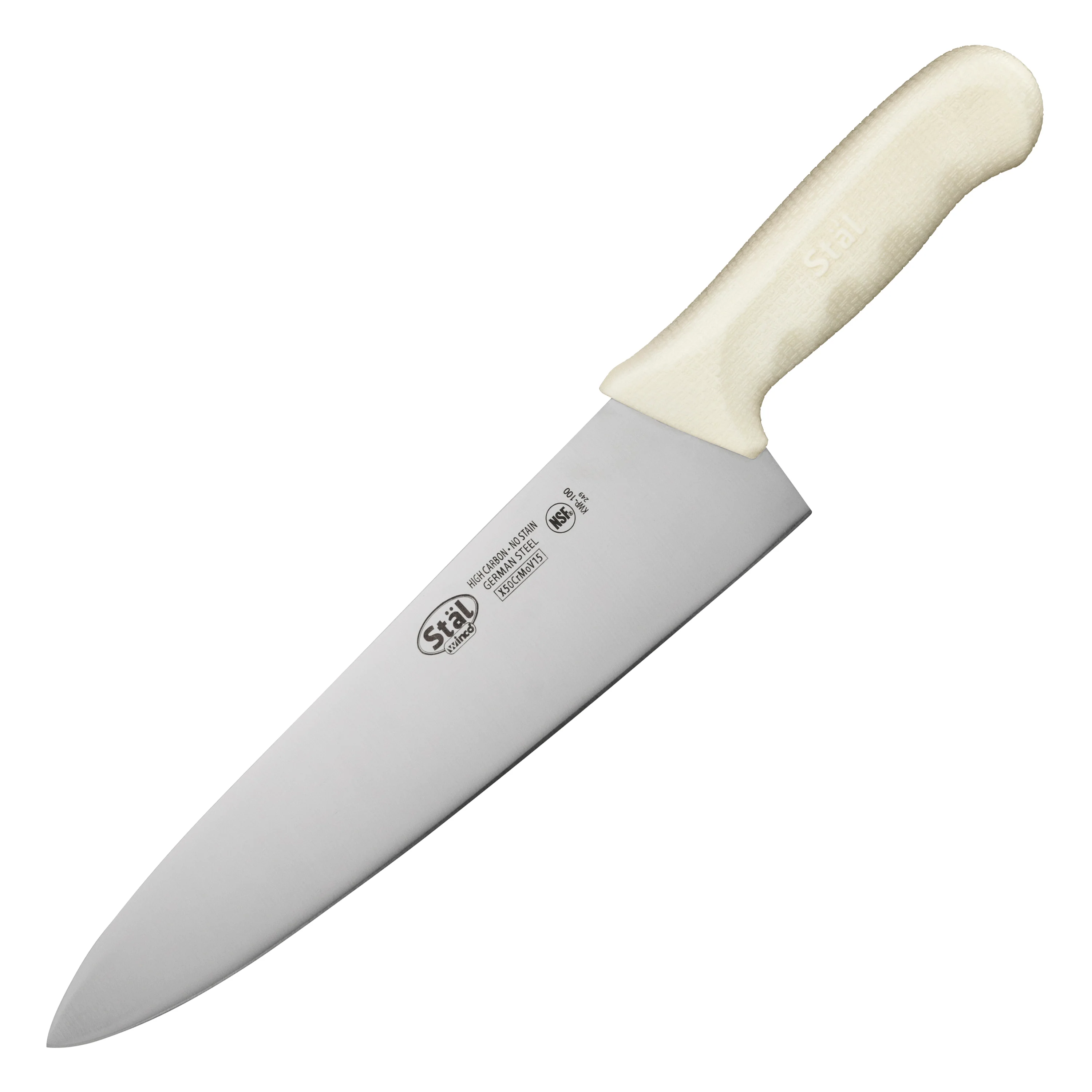 Winco KWP-100 10 Inch Blade High Carbon Chef Knife with White Polypropylene Handle - Image 2