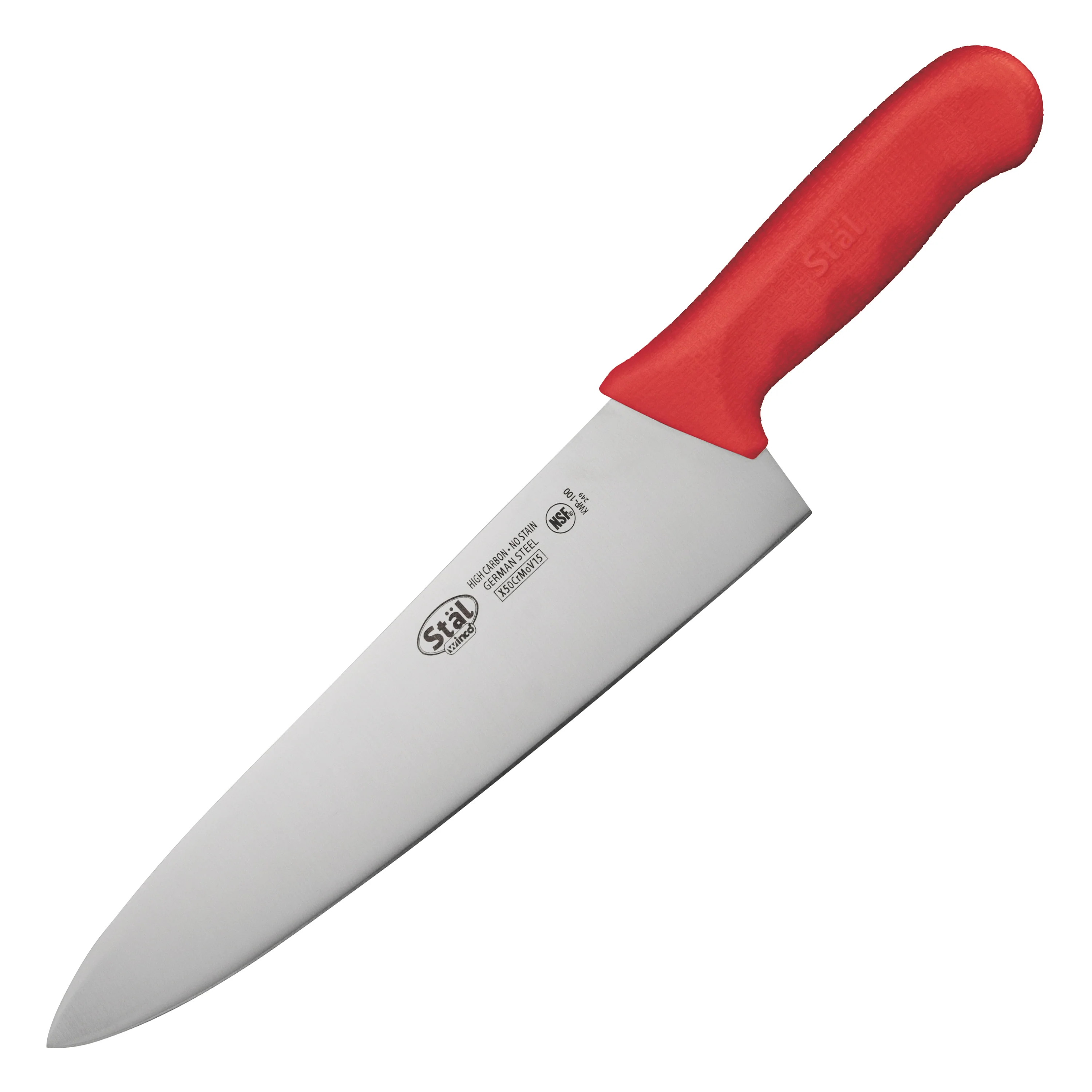 Winco KWP-100R 10 Inch Blade Chef Knife Stamped Polypropylene Red Handle