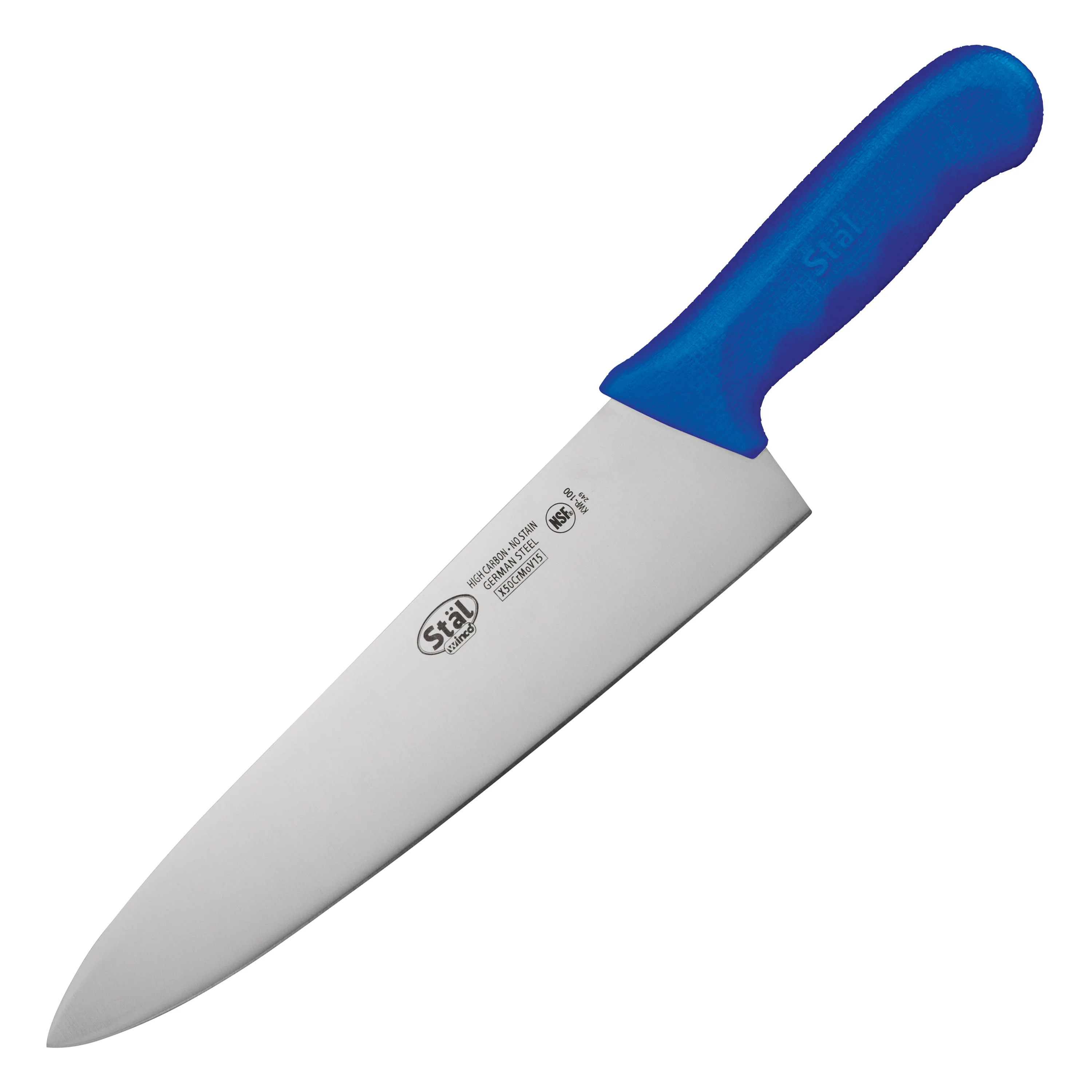 Winco KWP-100U 10 Inch Blade High Carbon Stamped Chef Knife Polypropylene Blue Handle - Image 2