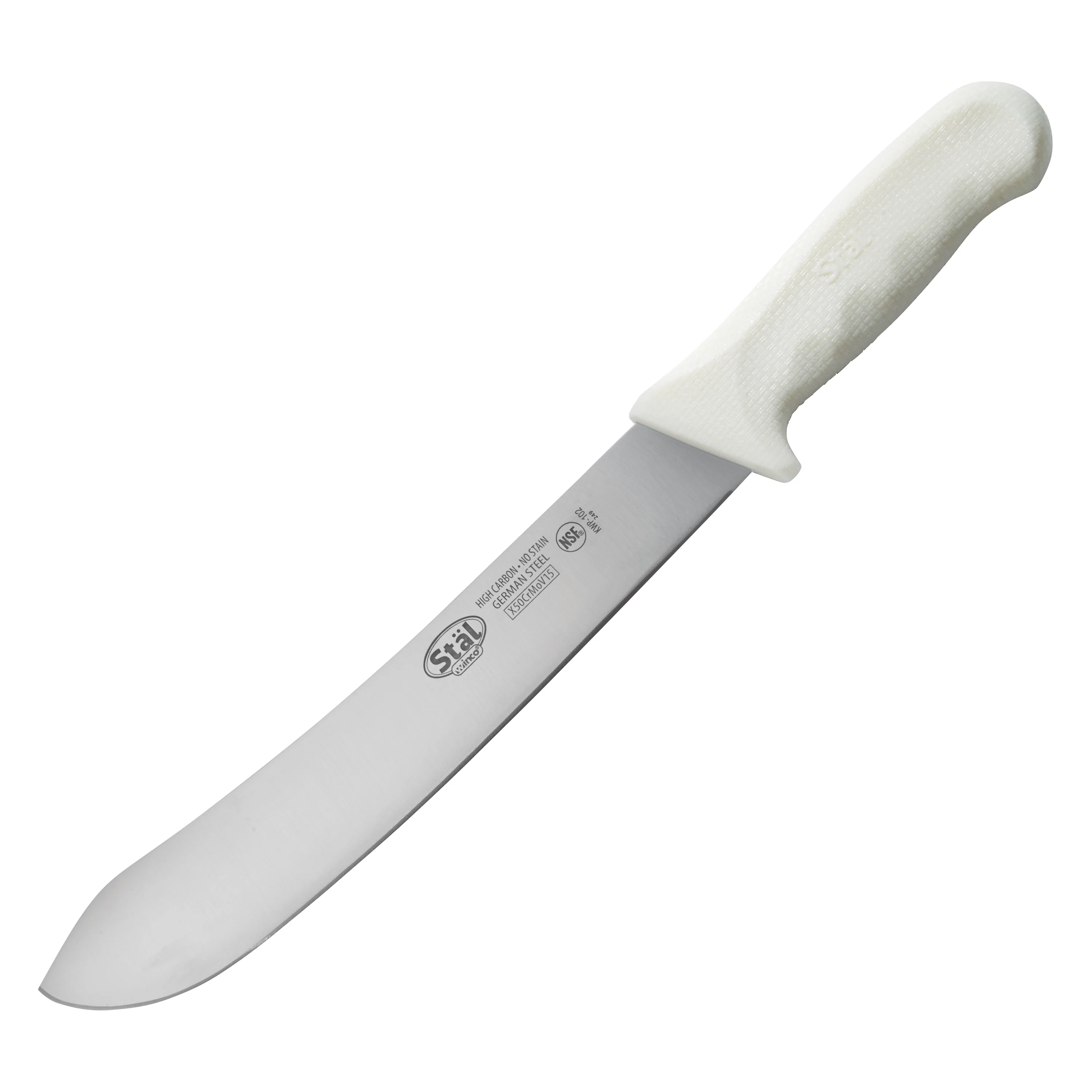 Winco KWP-102 10 Inch Blade Butcher Knife High Carbon Steel White Handle - Image 2