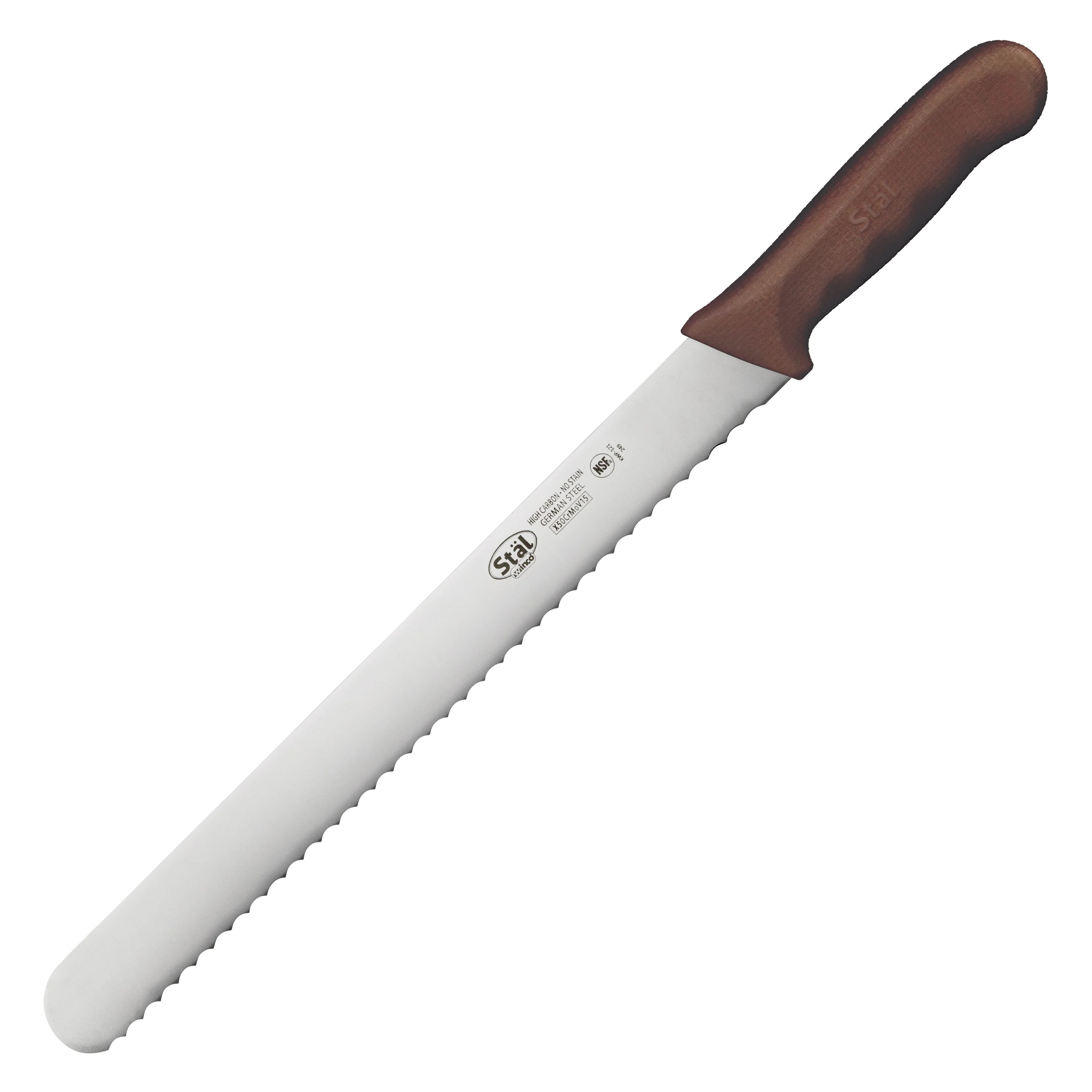 Winco KWP-121N 12 Inch Wavy Edge Knife High Carbon No-Stain German Steel Brown Polypropylene Handle - Image 2