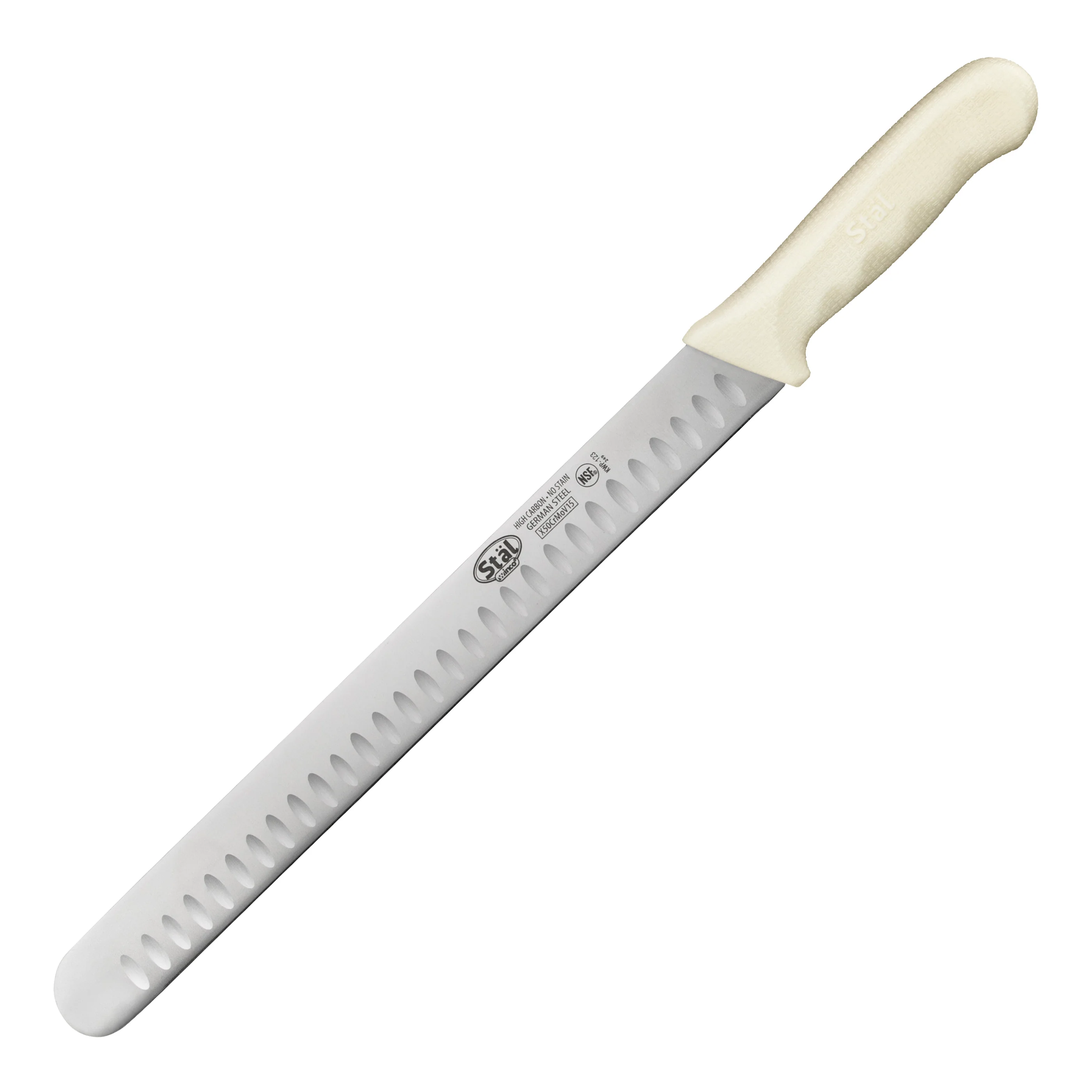 Winco KWP-123 12 Inch Blade Hollow Ground Knife High Carbon No-Stain Steel White Handle - Image 2