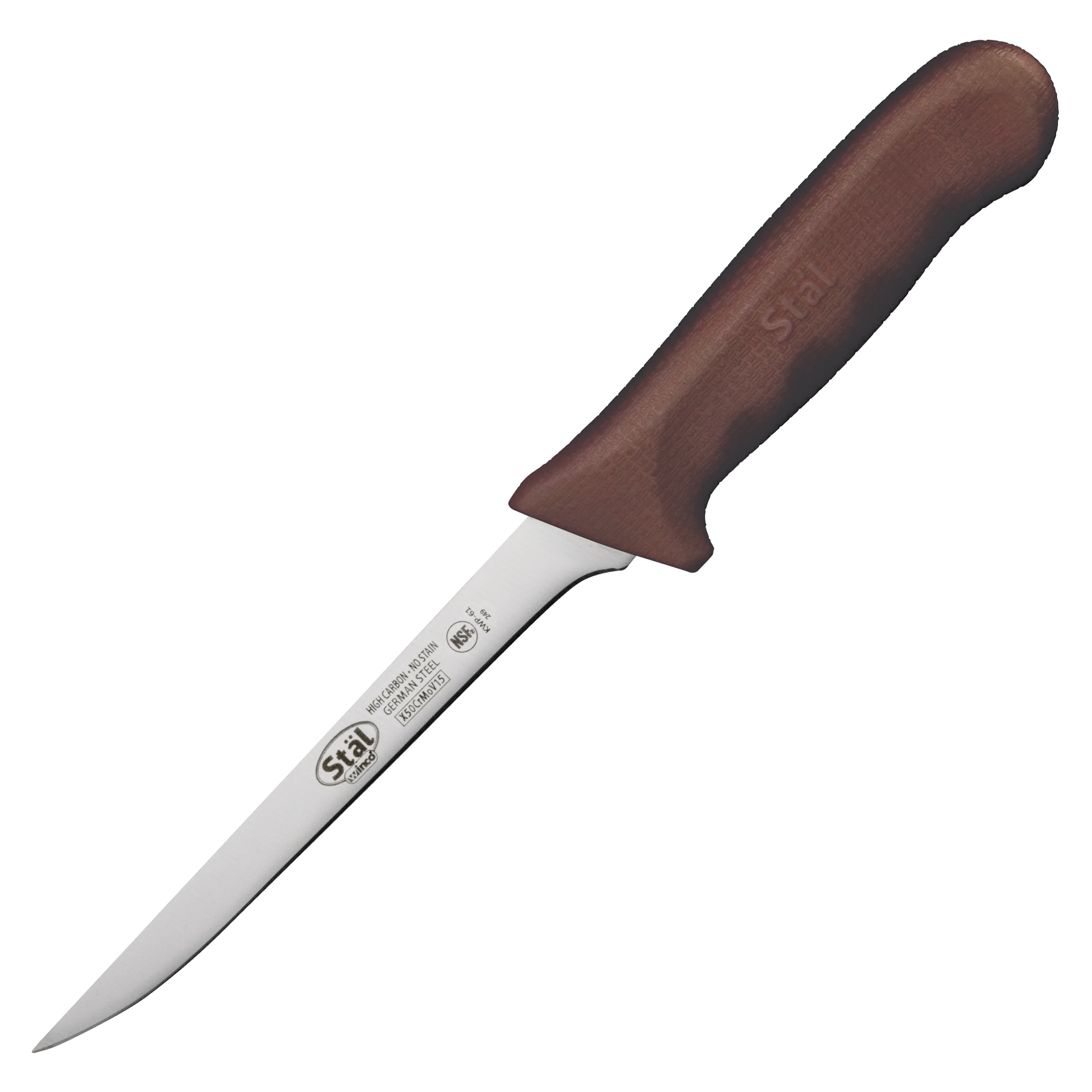 Winco KWP-61N 6 Inch Blade 10-7/8 Inch Overall Length Boning Knife High Carbon Steel Brown Polypropylene Handle - Image 2