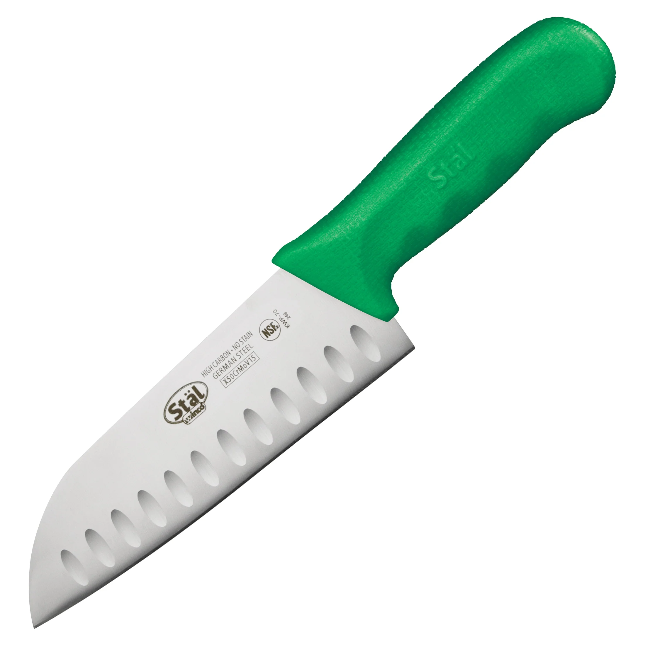 Winco KWP-70G 7 Inch Blade 11-3/4 Inch Overall Length Santoku Knife High Carbon Steel Green Polypropylene Handle - Image 2
