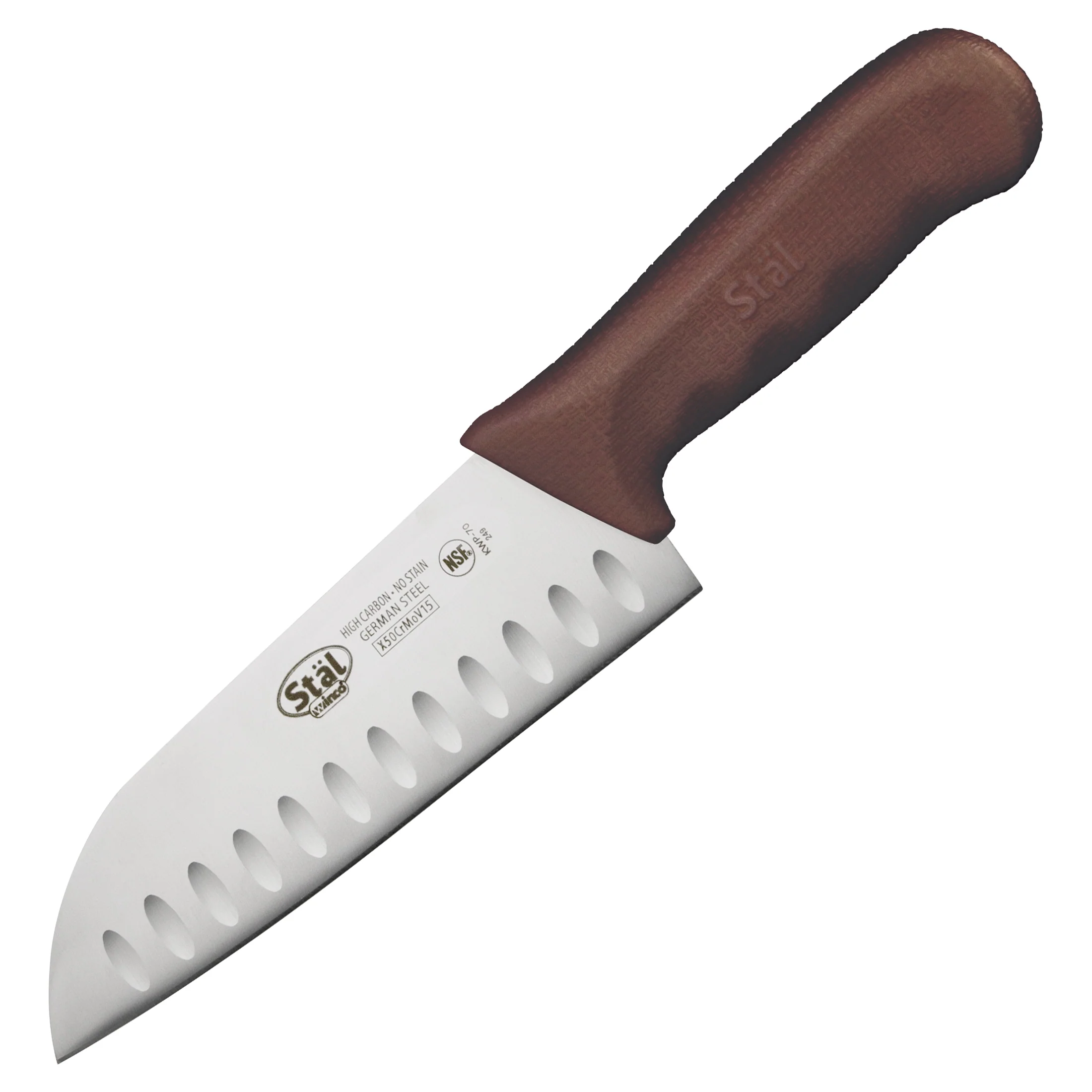 Winco KWP-70N 11-3/4 Inch Overall Length 7 Inch Blade Santoku Knife High Carbon Steel Polypropylene Brown Granton Edge - Image 2