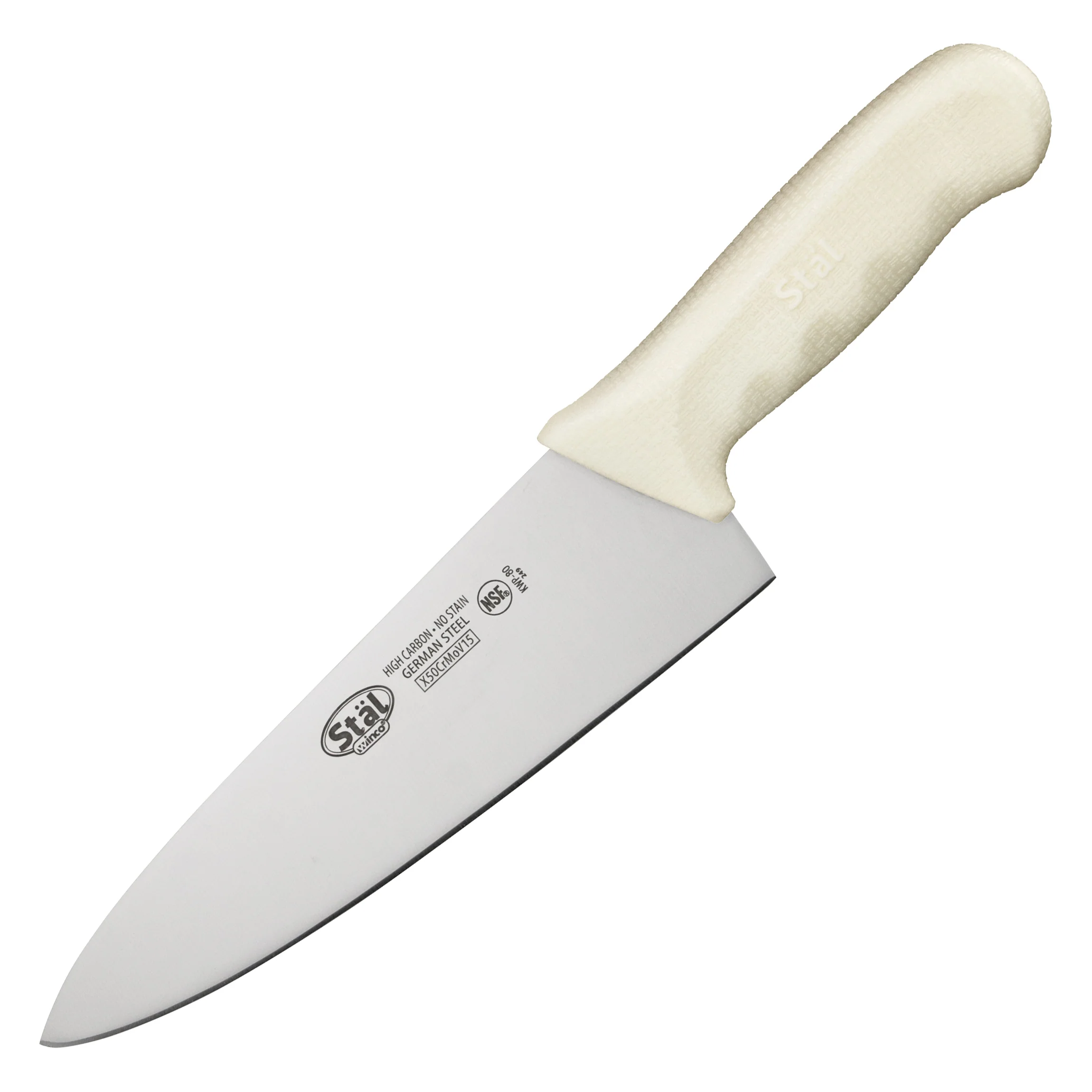 Winco KWP-80 8 Inch Blade High Carbon Stamped Chef Knife White Handle - Image 2