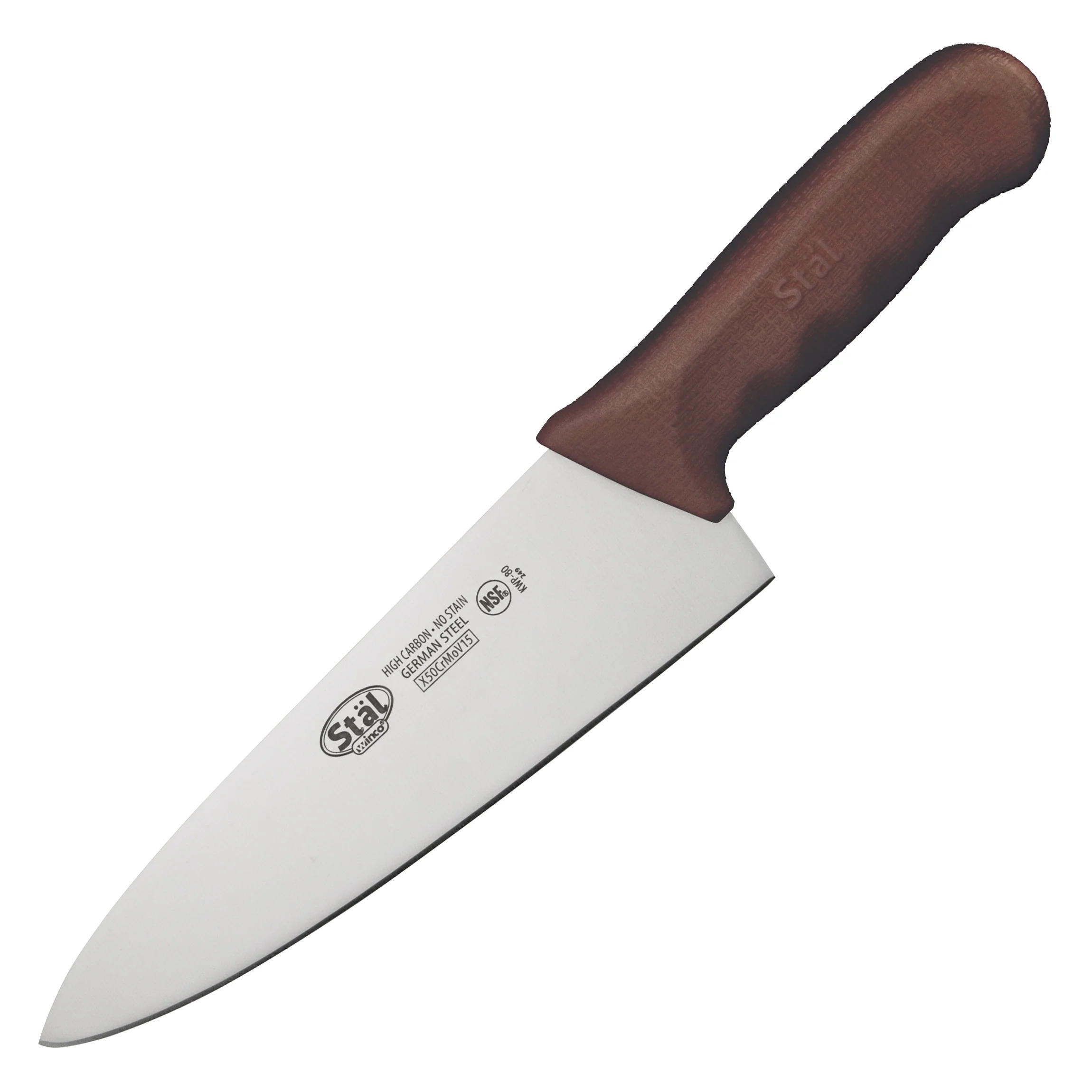 Winco KWP-80N 8 Inch Blade Chef Knife Stamped High Carbon German Steel Brown Handle - Image 2