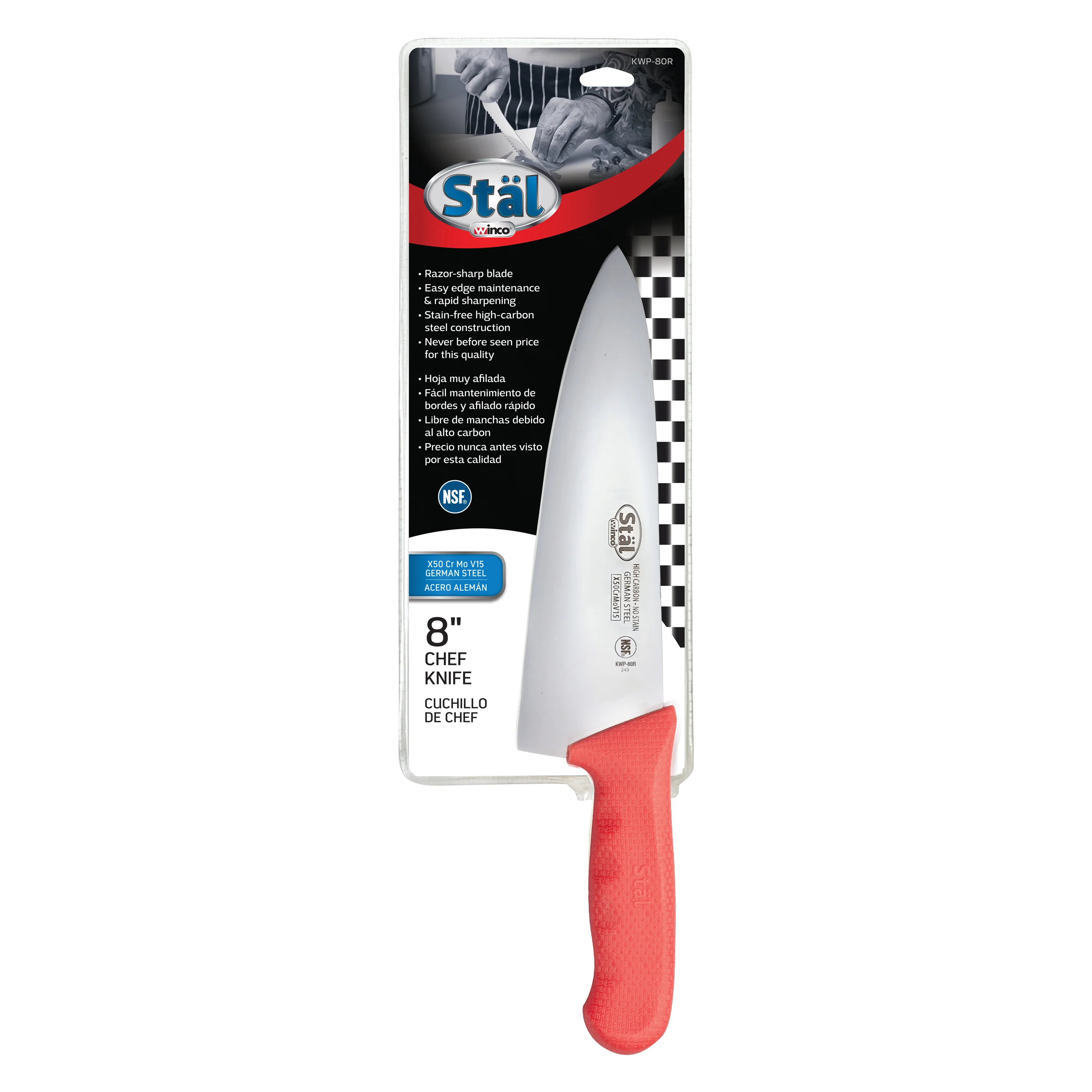 Winco KWP-80R 8 Inch Blade Red Polypropylene Handle Chef Knife Stamped - Image 2